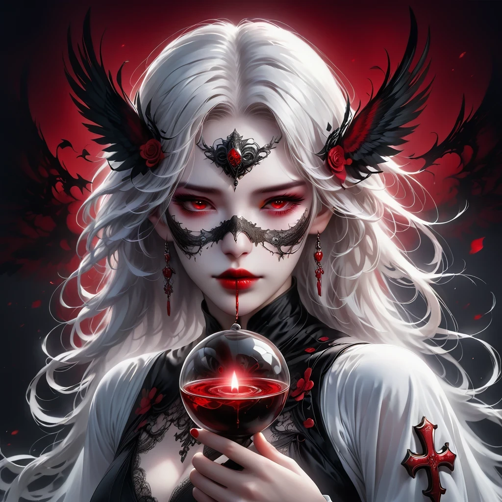 (Hand holding mask:1.5),(White-haired ghost,straight hair,Red eyes),(gothic art),(Fear:1.5),(correct human anatomy:1.37)