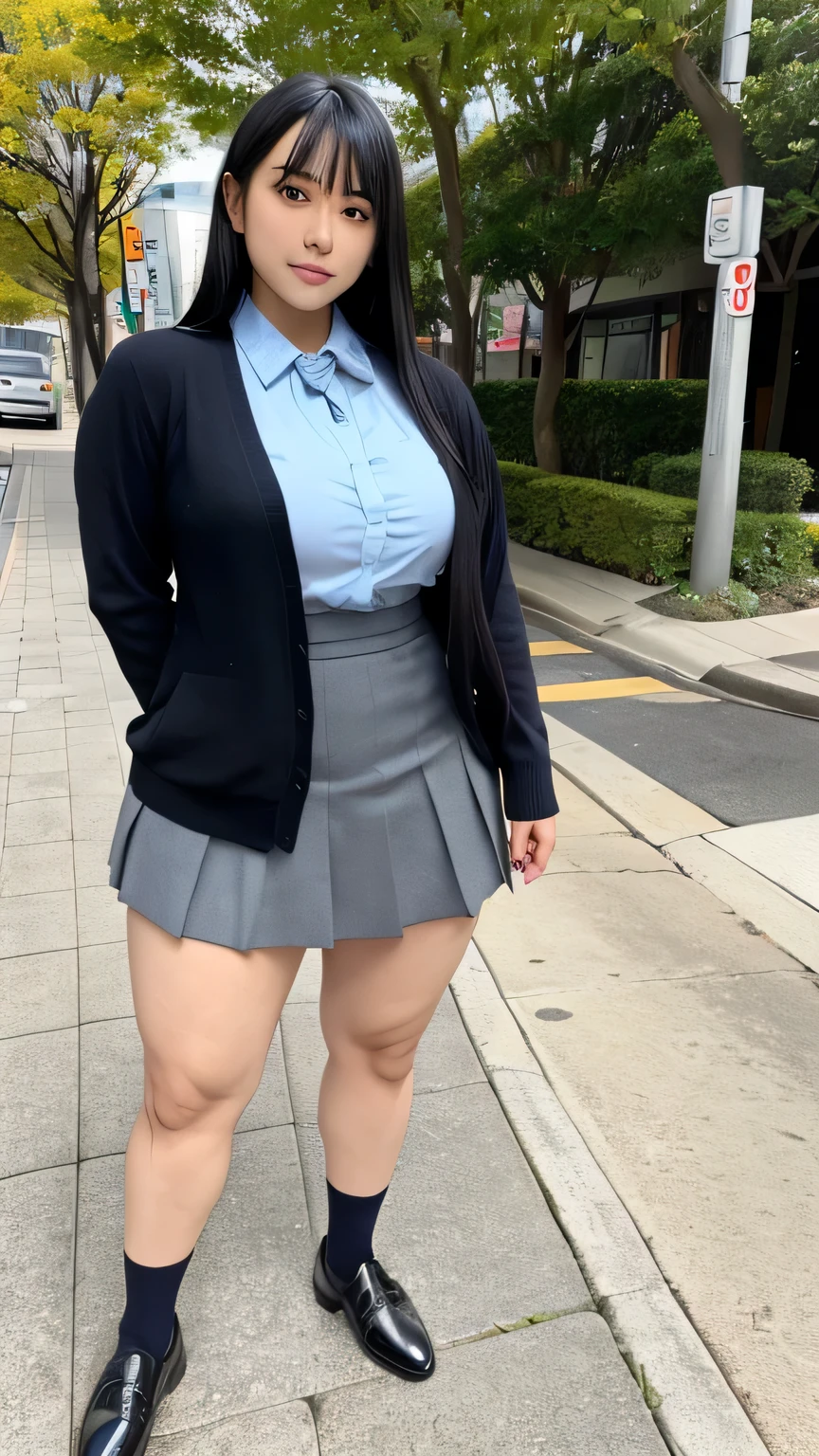 highest quality,become familiar with,8K,Raw photo,detailed face,dressed in uniform,muscular,mini skirt,black hair bobの,There is a high school girl,detailed face,Cute woman - well-groomed face, Idol face like a sculpture,cute natural anime face, cute - well-groomed - face,young and cute face, beautiful japanese woman's face, Big eyes, white skin,Athlete body type,trained body,pretty girl, Big eyes of beautiful light,(((black hair bob,voluptuous very thick legs,Voluptuous thick lower body,muscular very thick legs,bodybuilder))),japanese uniform,black cardigan,loafer shoes,red tie,collared button shirt,navy pleated skirt,barefoot,full body shot,Are standing,Detailed explanation of the streets of Tokyo,front angle,looking at the viewer,lower body fat,leg muscles,Glossy skin,transparency
