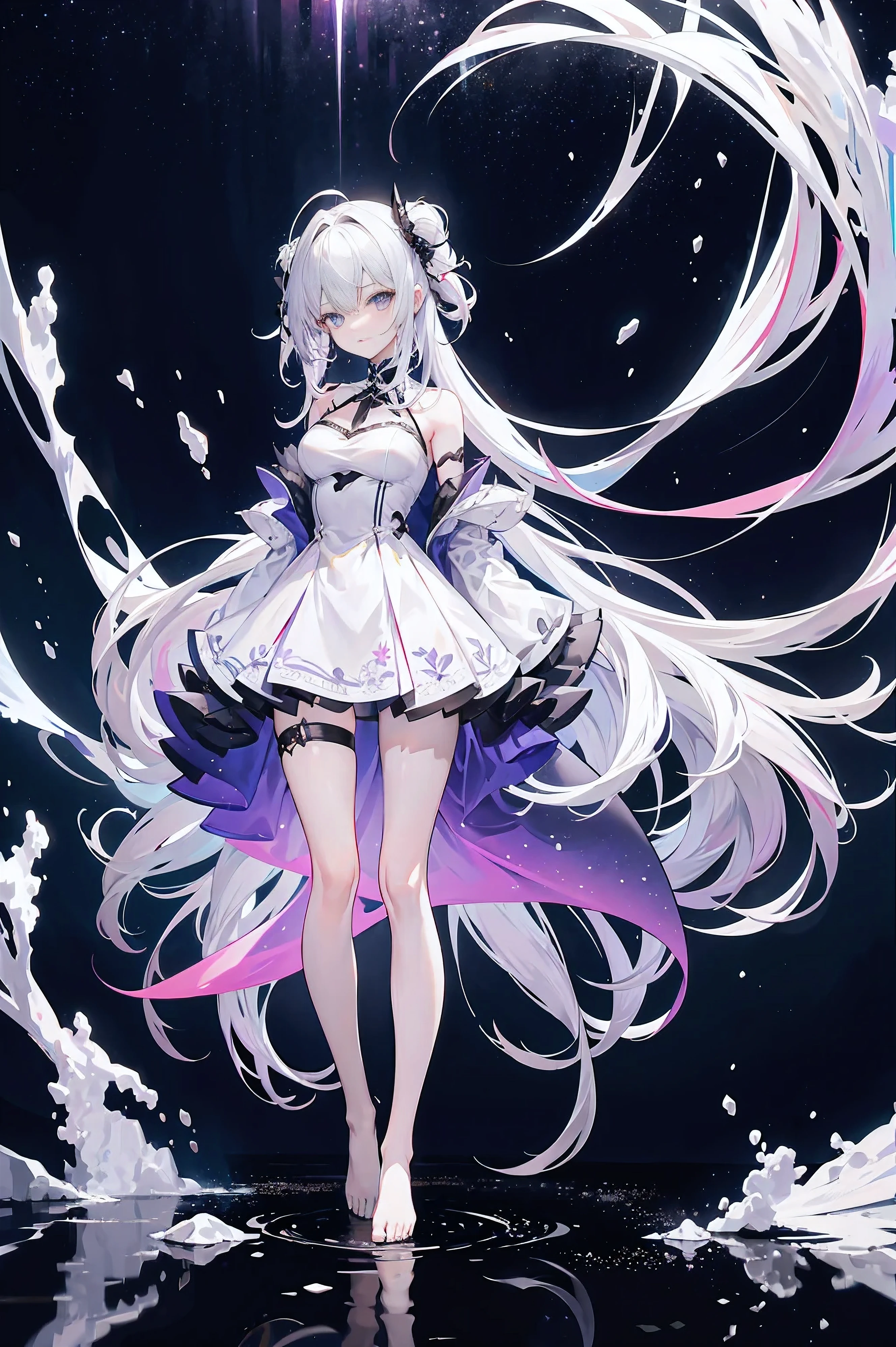 Lilac gradient hair,Asymmetrical hair,((Hair is very thick 1.8,Hair is well-defined1.6)), Hair over the shoulder, messy hair, Very long hair, shinny hair,(Long gray hair:1.2),A beautyful girl,(Luxury Platinum Mini Ultra Short Platinum Lolita,Made of transparent material),(Transparent clothes transparent 1.8),perfect body figure,big thin legs,slenderness,(looking sad,Haggard complexion ,grieves,close your mouth:1.2) Against the backdrop of an unusually bright dark starry sky,(Place your hands behind your back),(Round,tuba, firm breast),Barefoot,afloat,waterface,(long leges,long leges,long leges,Perfect leg shape),Full body photo。