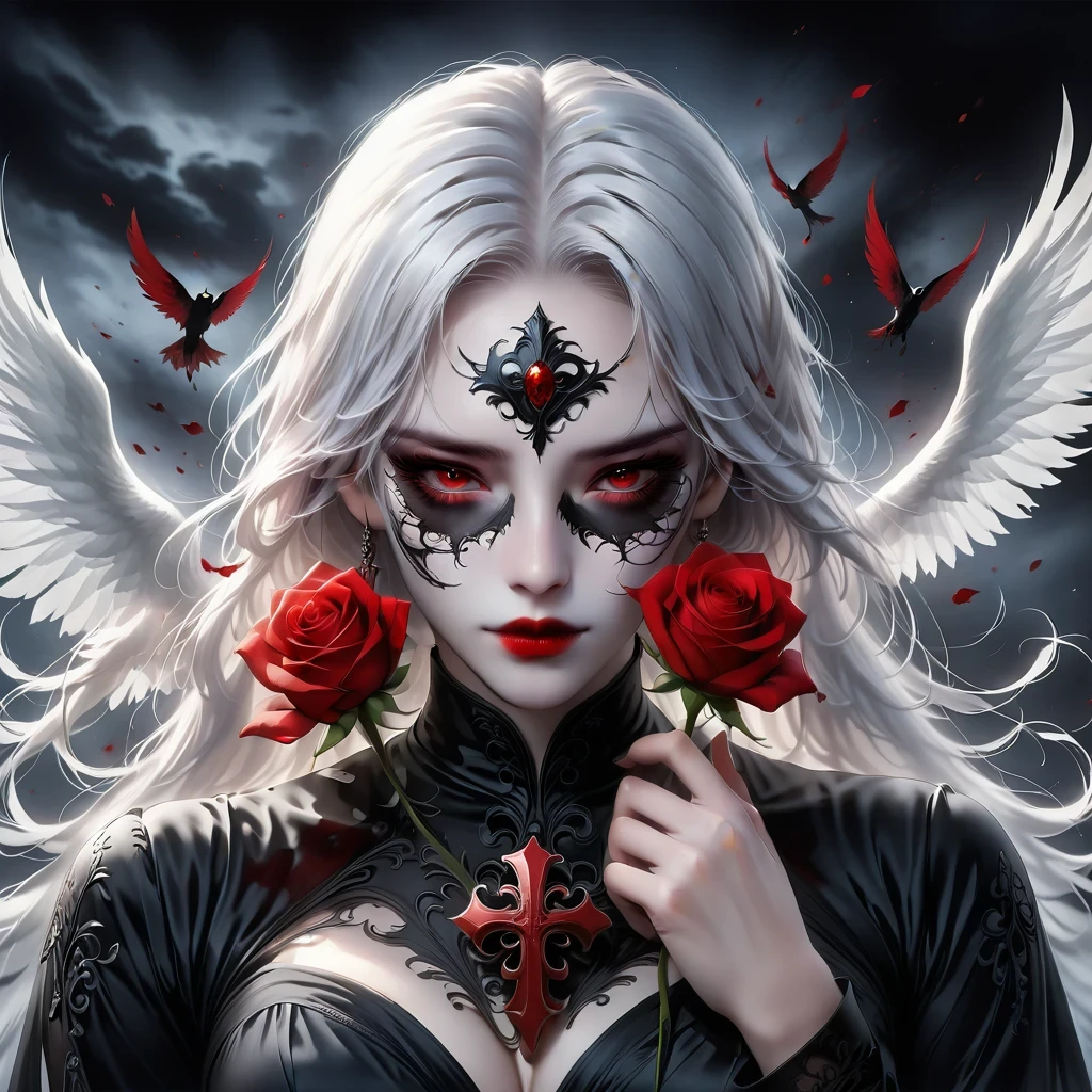 （Hand holding mask：1.5），（White-haired ghost，straight hair，Red eyes），（gothic art），（Fear：1.5），（correct human anatomy：1.37）