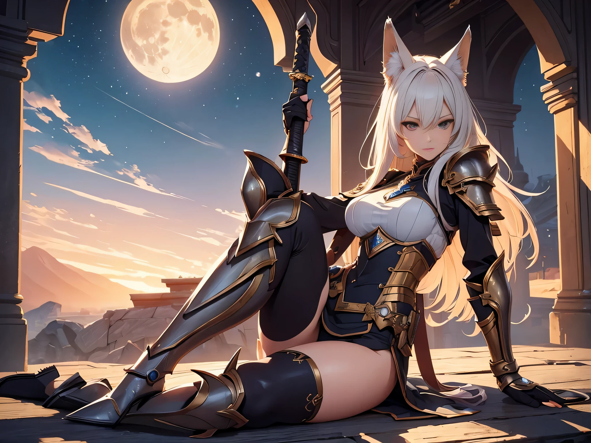 Beastman Hunting life infp young woman
Wearing shabby armor made of animal leather、high-level image quality、8K,Raw photo、(masutepiece, High resolution, Photorealsitic:1.4), (Beastman woman with sensual breasts:1.3), No clothes、Rabbit ears on the head、Silvery hair、Earth Eye、We are on the vastness of the earth、Breasts are big、Combat stance