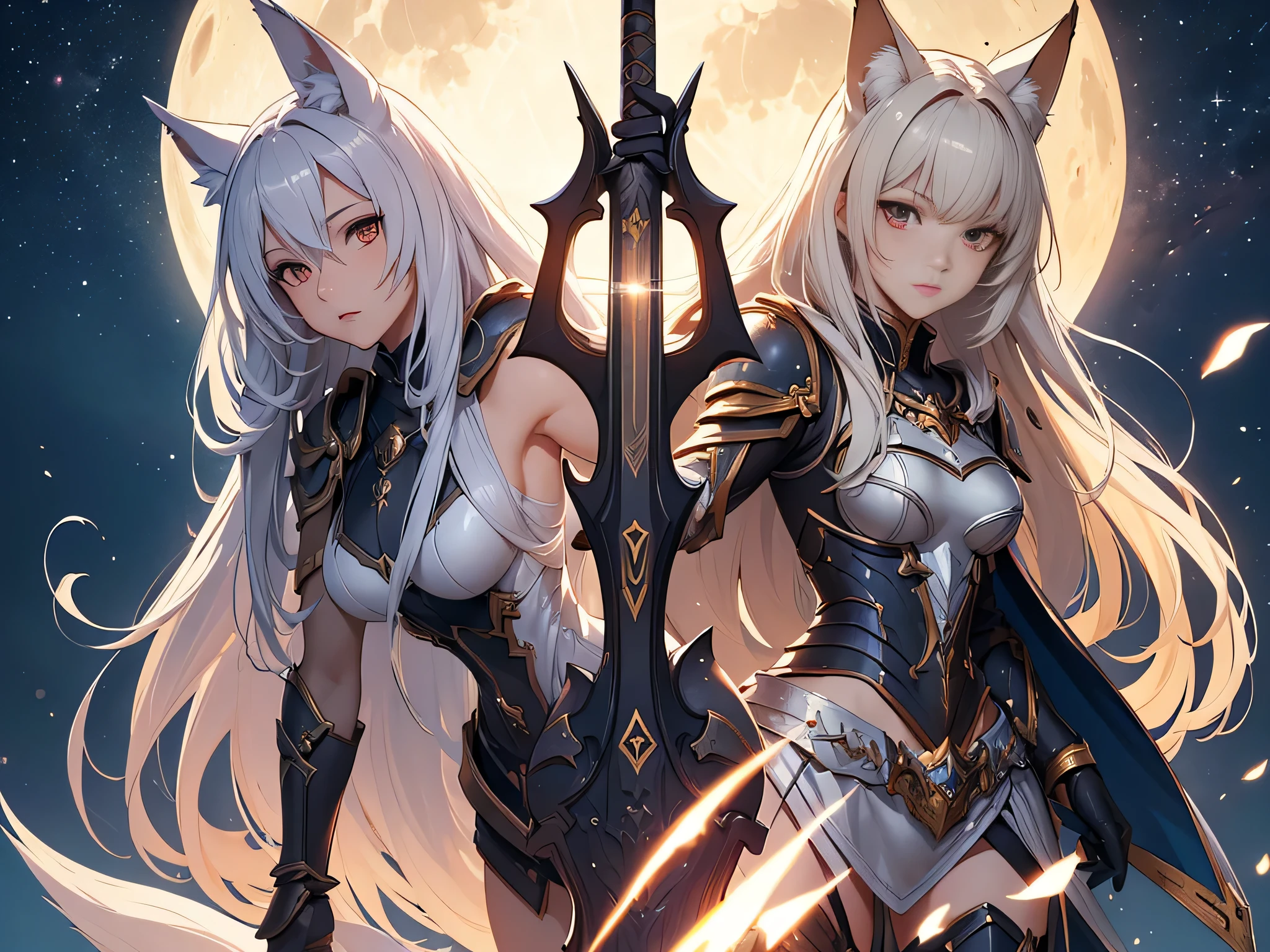 Short white hair with a braided ponytail. White wolf ears and orange eyes. Sexy, fantasy knight armor with legplates, fur on shoulders. Her body is muscular and she has strong, muscular arms and thick thighs. Wide hips. Eye colour is orange, orange iris, magic blue fire on shoulders, revealing clothing, visible abs, confident, fists, shoulder armor, moonlight