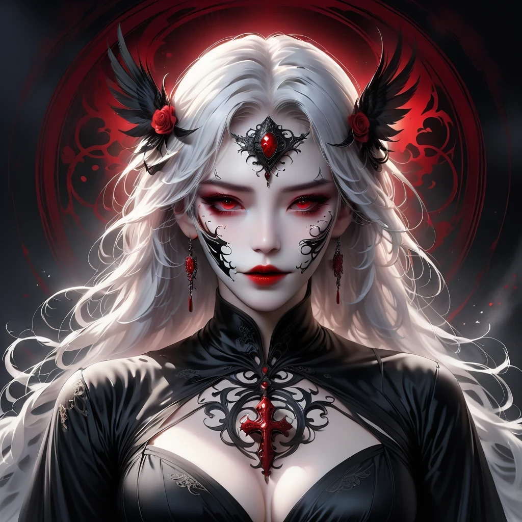 （Hand holding mask：1.5），（White-haired ghost，straight hair，Red eyes），（gothic art），（Fear：1.5），（correct human anatomy：1.37）