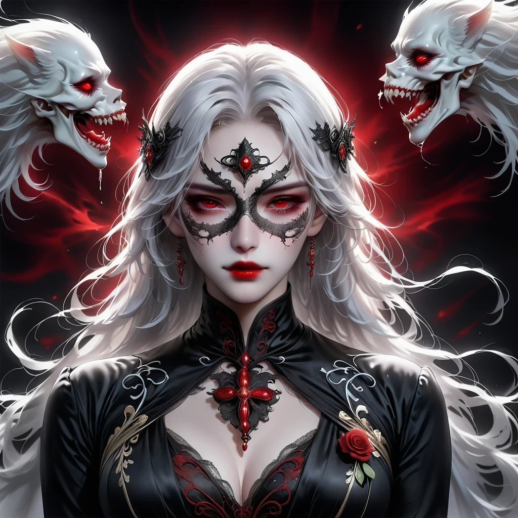(Hand holding mask:1.5),(White-haired ghost,straight hair,Red eyes),(gothic art),(Fear:1.5),(correct human anatomy:1.37)
