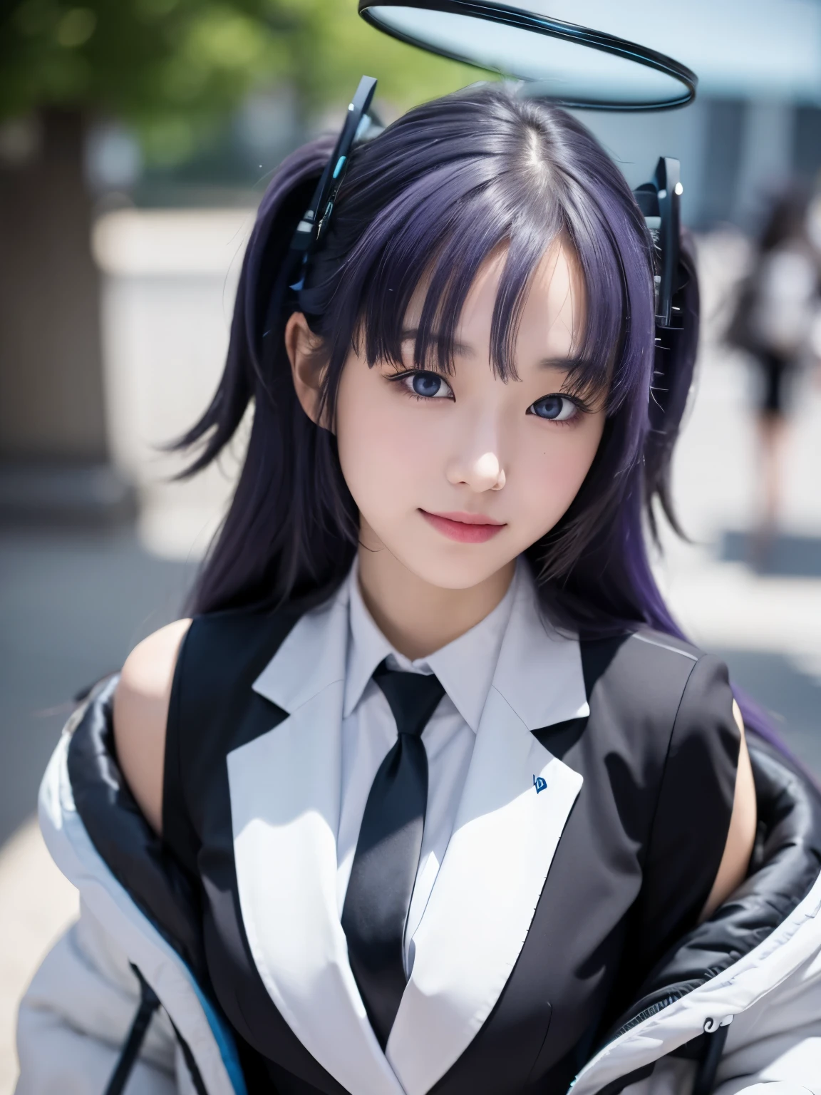 (shoot from above:1.3), (looking back),(face close-up:1.3), (beautiful japanese girl), (Shot with Canon EOS 5D Mark 4 and Canon EF Lens 85mm F1.8L lens, F value 2.8, ISO 50, shutter speed 64), beautiful and fine eyes, perfection , perfection, roll your eyes, detailed face, fine eyes, excellent quality, masterpiece, very detailed, Advanced level of detail, many details, high quality, cinematic light, real hands, (super realistic:1.3), smile, seductive smile, high school student , perfect eyes, detailed skin, skin blemish, (153cm tall), (chubby : 1.3), cleavage, disproportionate breasts, 
yuuka, blue eyes, halo, (purple hair), two side up, long hair,
belt, black gloves, (black suit:1.5), black skirt, blue necktie, gloves, halo, jacket, necktie, off shoulder, skirt, two-sided fabric, two-sided jacket, white belt, (white jacket:1.5),
Virtual Reality District, Cyberpunk Shopping Mall,