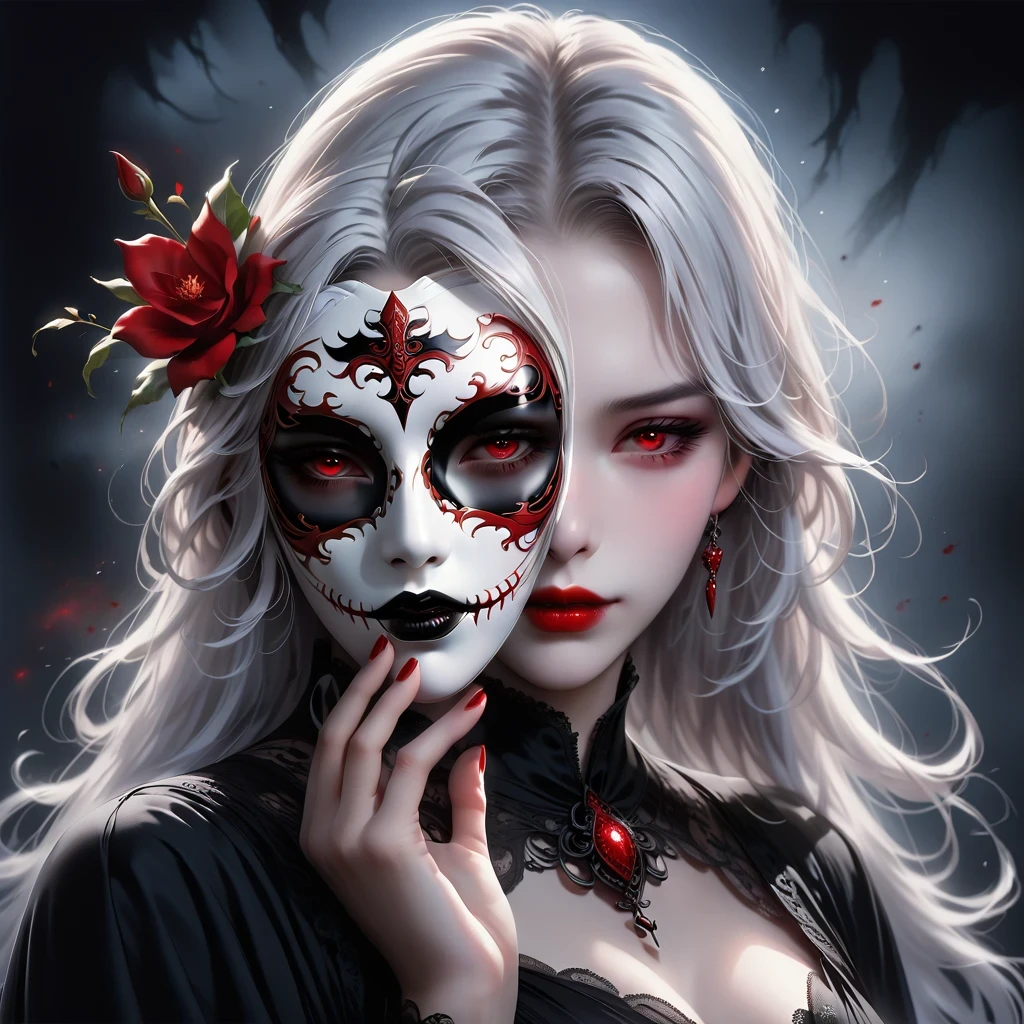 (Hand holding mask:1.5),(White-haired ghost,straight hair,Red eyes),(gothic art),(Fear:1.5),(correct human anatomy:1.37)