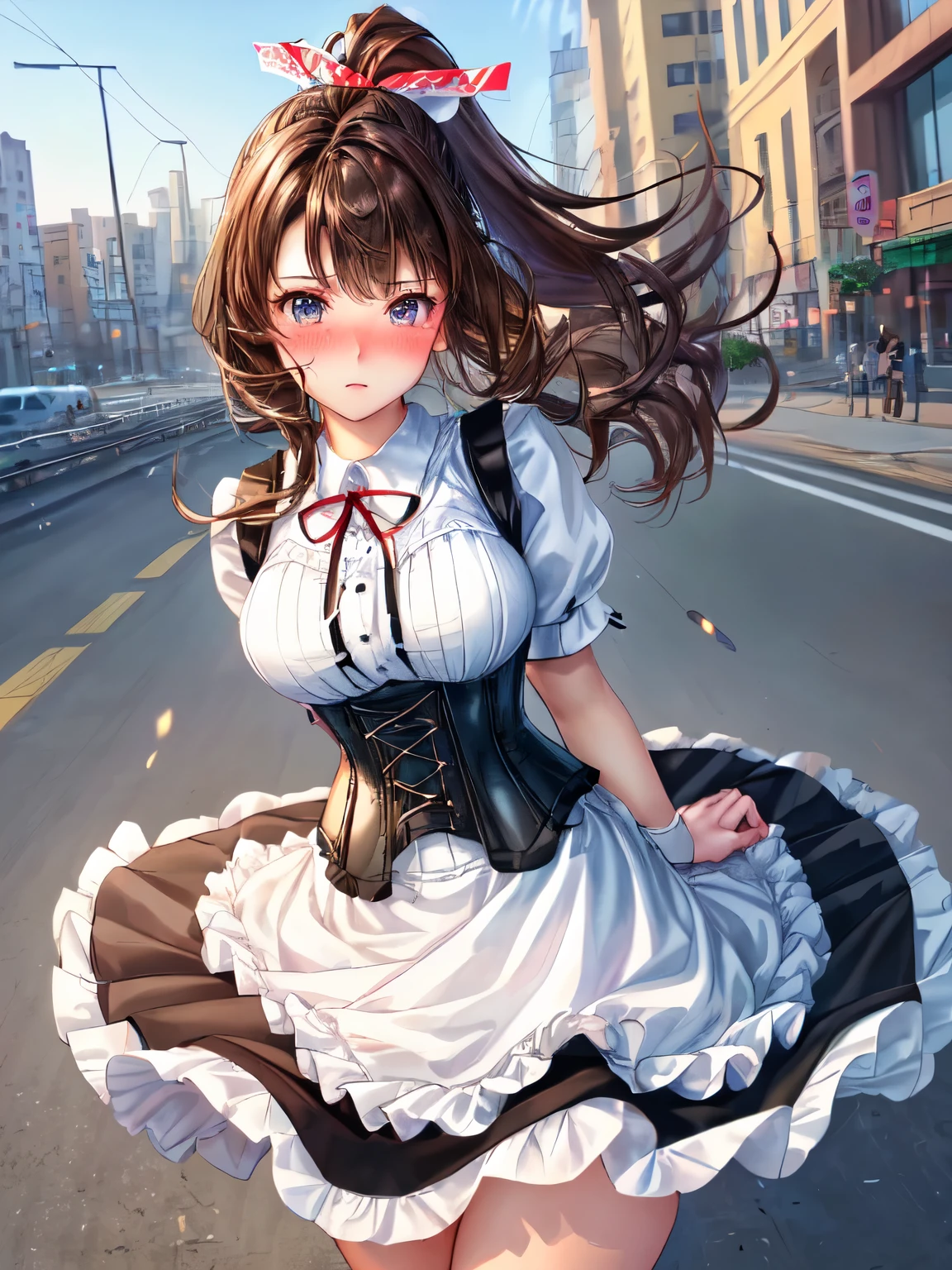 ((highest quality, High resolution, perfect pixel, 4k))), 1 woman, beautiful woman、I could see the whole body、walking down the subway stairs、lots of commuters、 ((ponytail, bangs, brown hair)), ((brown eyes, beautiful eyelashes, realistic eyes)), ((detailed face, blush:1.2))、((Anime CG style)), beautiful and big breasts、perfect body, ((red ribbon, white and black maid outfit, black corset, long skirt)), embarrassed expression、 (The wind is blowing up my skirt:1.3)、(white lace satin panties:1.05), garter belt、knee socks、Diagonal side angle, dynamic angle、Naughty Wind