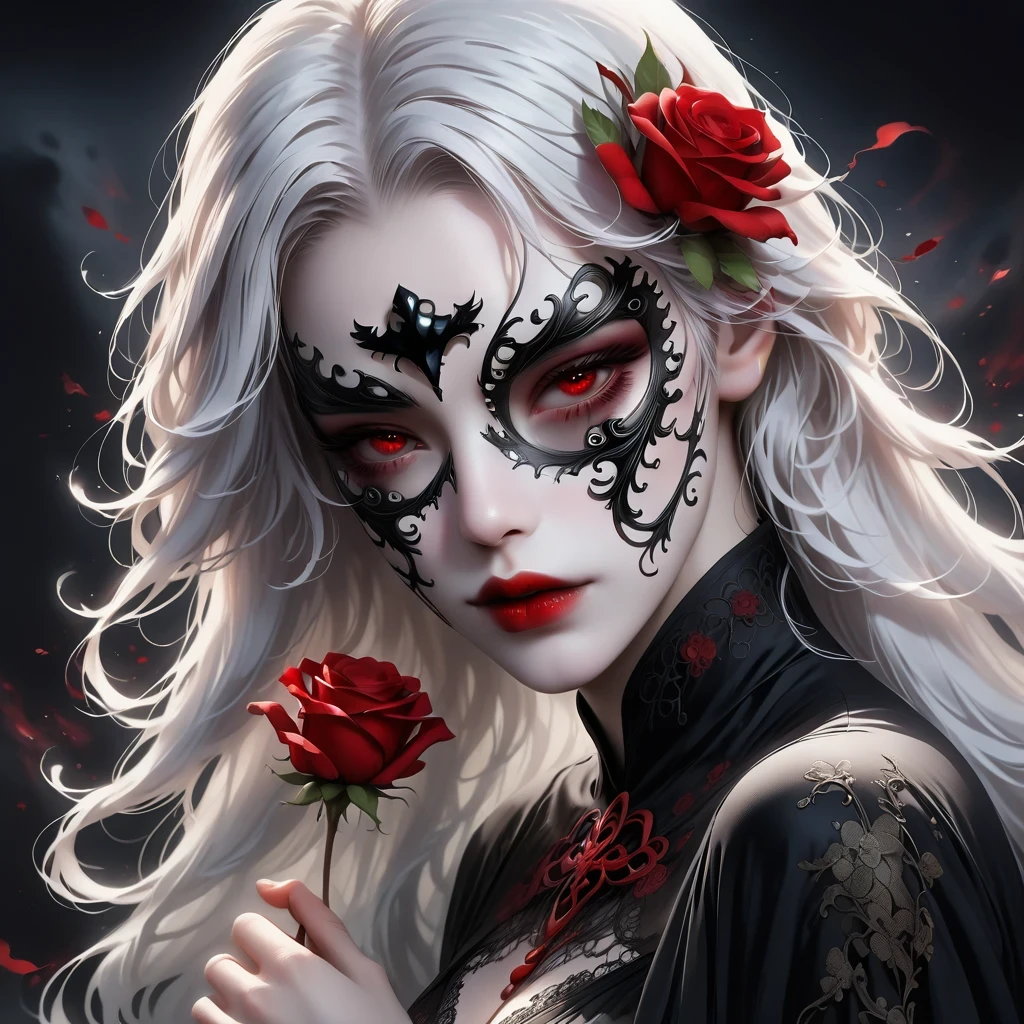 (Hand holding mask:1.5),(White-haired ghost,straight hair,Red eyes),(gothic art),(Fear:1.5),(correct human anatomy:1.37)