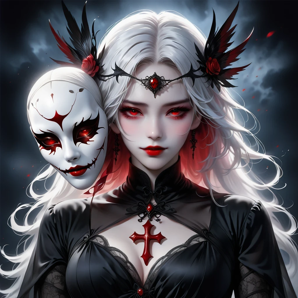 (Hand holding mask:1.5),(White-haired ghost,straight hair,Red eyes),(gothic art),(Fear:1.5),(correct human anatomy:1.37)