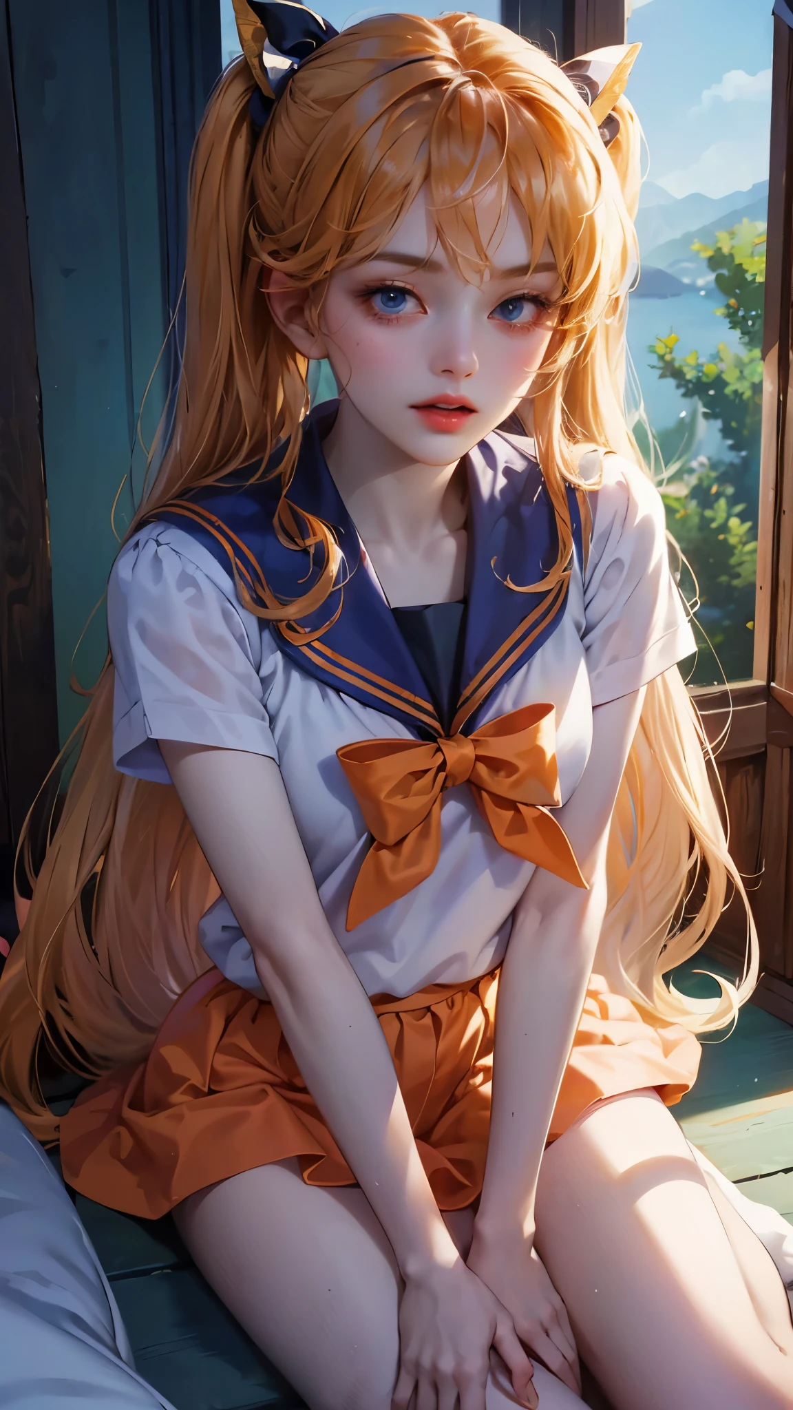 ((highest quality, 8k, masterpiece:1.3, Realistic:1.3)), {{Lying in bed, From above, dakimakura}}, Japanese , Single woman, very light brown hair, With bangs, (Japanese Uniform, socks, Thick thighs,Save the song in cotton), 非常にDetailed faceと肌の質感, Fine Eyes, Lip details, The hair is very well drawn, Facing the children, In the heat, Embarrassed look, Natural Makeup:1.0,Skirt flip,8k,(masterpiece:1.4)(highest quality:1.4),(highest quality), 1 person, Focus Only,(Shiny skin), whole body, Squat, ((Open your thighs wide to the left and right)), ((観客にあなたのShow me your crotchください)), ((Place your arms behind your head)), Soft lighting, masterpiece, (masterpiece, highest quality;1.3), Very detailedなCG, Very detailed, girl1 person, alone, smile, Looking at the audience, Stylish angle, , sv1, From above, Face Focus,, , 地面にSquat, Open your legs wide from side to side, Place your arms behind your head, Underarm, Gazing at the audience, To the audience, Spread your legs wide open and face the viewer., Shooting from the front, Camera position is low,Small Head、Blowjob Gestures, Midnight、Dim lighting、highest quality, High resolution, unity 8k wallpaper, (shape:0.8), (Beautiful details:1.6), 非常にDetailed face, Perfect Sentence, Very detailedなCG, (Perfect hands, Perfect Anatomy),((Spread your legs:1.3))(((White cotton panties))),Angle looking up from afar.、Camel Toe,(Detailed Hair), (masterpiece), (highest quality), (Very detailed), Focus your eyes, Detailed face, Perfect Anatomy, , (Intricate details),girl, (((Spread your legs座る))),whole body,Fine hand,Detailed five fingers,Attention to detail in costumes, Please sit down,On the bed,(((Two-handed fellatio gesture))), (((Camel toe with attention to detail))),(((smile)))、Show me your crotch、Very large breasts、Sit on the bed、Nipple erection