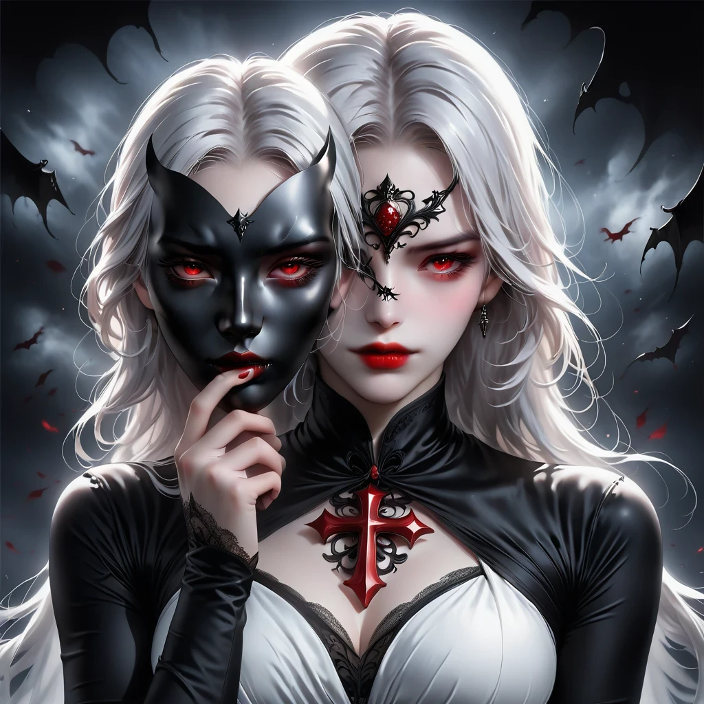 （Hand holding mask：1.5），（White-haired ghost，straight hair，Red eyes），（gothic art），（Fear：1.5），（correct human anatomy：1.37）