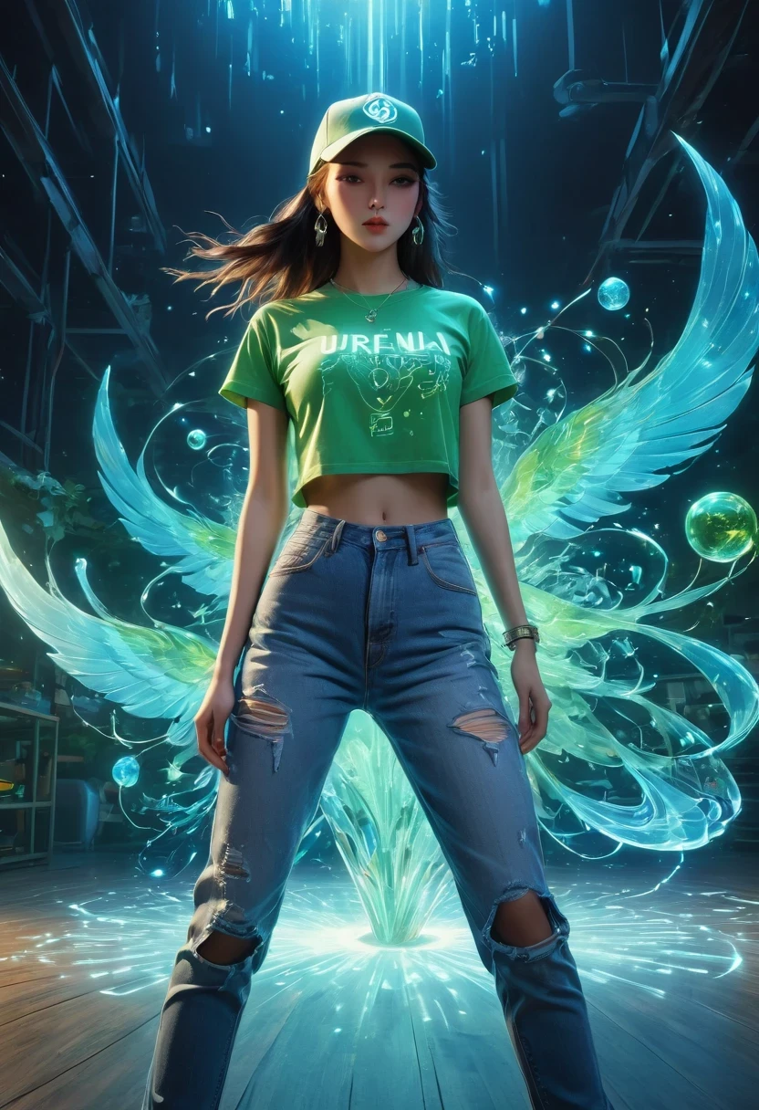 (Transparent Hip Hop Girl:0.65), (Hip-hop costumes:0.65),Transparent ray tracing,crazy hip hop music,baseball cap,Blue ripped jeans。Green T-shirt,surreal, Visual exaggeration, Nano punk,atom punck, gather ,circuit,light painting,♒︎,Pisces, ♓︎,Unreal Engine,octane rendering,V-ray,high detail ,Super quality,High resolution,Surrealism,16K,super wide angle,satellite view,bioluminescence,