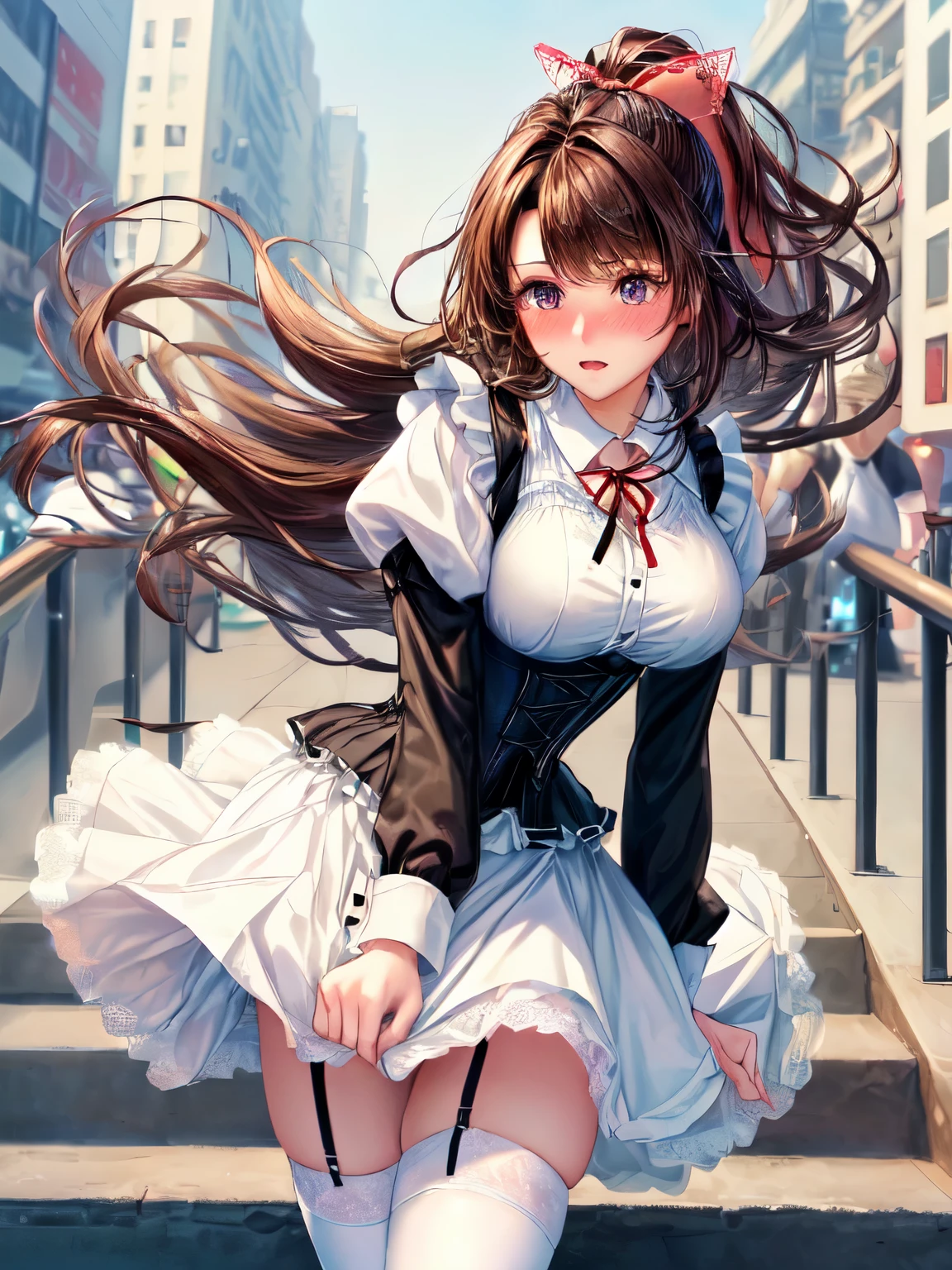 ((highest quality, High resolution, perfect pixel, 4k))), 1 woman, beautiful woman、I could see the whole body、walking down the subway stairs、lots of commuters、 ((ponytail, bangs, brown hair)), ((brown eyes, beautiful eyelashes, realistic eyes)), ((detailed face, blush:1.2))、((Anime CG style)), beautiful and big breasts、perfect body, ((red ribbon, white and black maid outfit, black corset, long skirt)), embarrassed expression、 (The wind is blowing up my skirt:1.3)、(white lace satin panties:1.05), garter belt、knee socks、Diagonal side angle, dynamic angle、Naughty Wind、erect nipples:0.98)