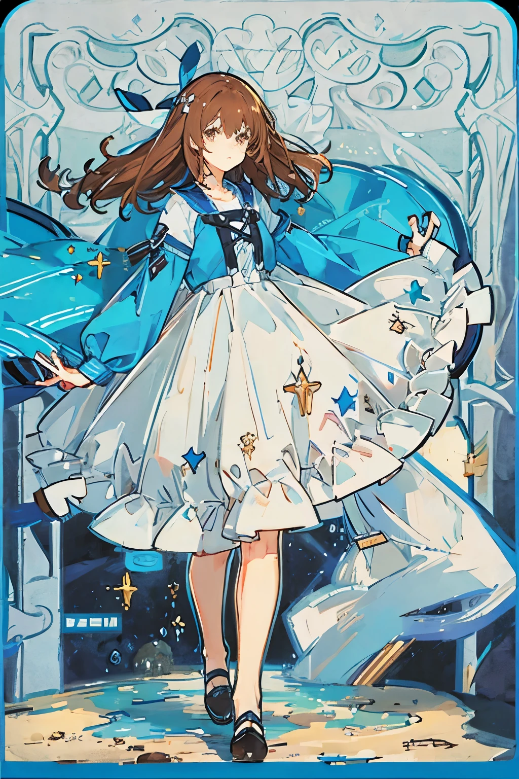 girl with long brown hair with cute details, brown eyes with striking details and a blue-colored wardrobe, celestes, blancos y negros