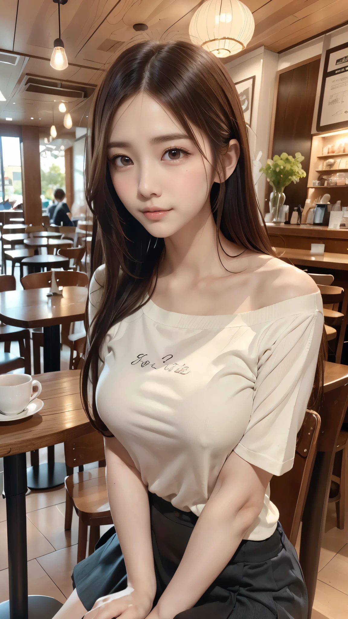 (8k, RAW photo, best quality, masterpiece:1.2), (realistic, photo-realistic:1.4), (extremely detailed 8k wallpaper), sharp focus, depth of field, bocinematic lighting, soft light,detailed beauty eyes,shiny smooth light brown long bob hair, asymmetrical bangs, shiny skin, super detailed skin,high resolution, high detailing, detailed hairstyle, detailed beauty face, hyper realistic, perfect limbs, perfect anatomy ,1 japanese girl,famous Japanese idol, perfect female body, large breasts,smile,short eyelashes,double-edged eyelid,long bob hair, looking at viewer,cowboy shot、(off shoulder t shirt,mini skirt:1.3),(stylish cafe:1.3),random background, flirtatious look, ((very detailed)), (perfectly detailed face), (well detailed hand) photorealistic image.(reading at a coffee shop,Coffee is also available.、My chest is on the table)