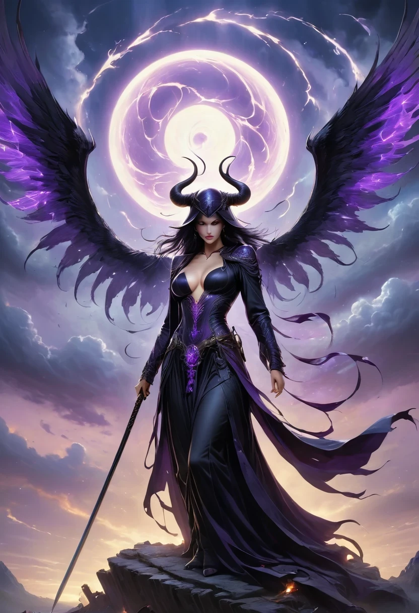 (Ridiculous, high resolution, Super detailed, high dynamic range), masterpiece, best quality, grim reaper, with scythe sitting on demon with a giant eye, Looking arrogant, alone, reaper, male,huge scythe,glowing sickle, devil eyeball, huge eyeballs, disgusting, black devil wings, Devil's Horn, Handsome, purple eyes, glowing eyes, black robe, Earrings and accessories, breasogant face, whole body, magic swirl, spark, swirl, black and purple halo, dark purple cloudy sky, abyss, abstract background, from the side, look up, smile
