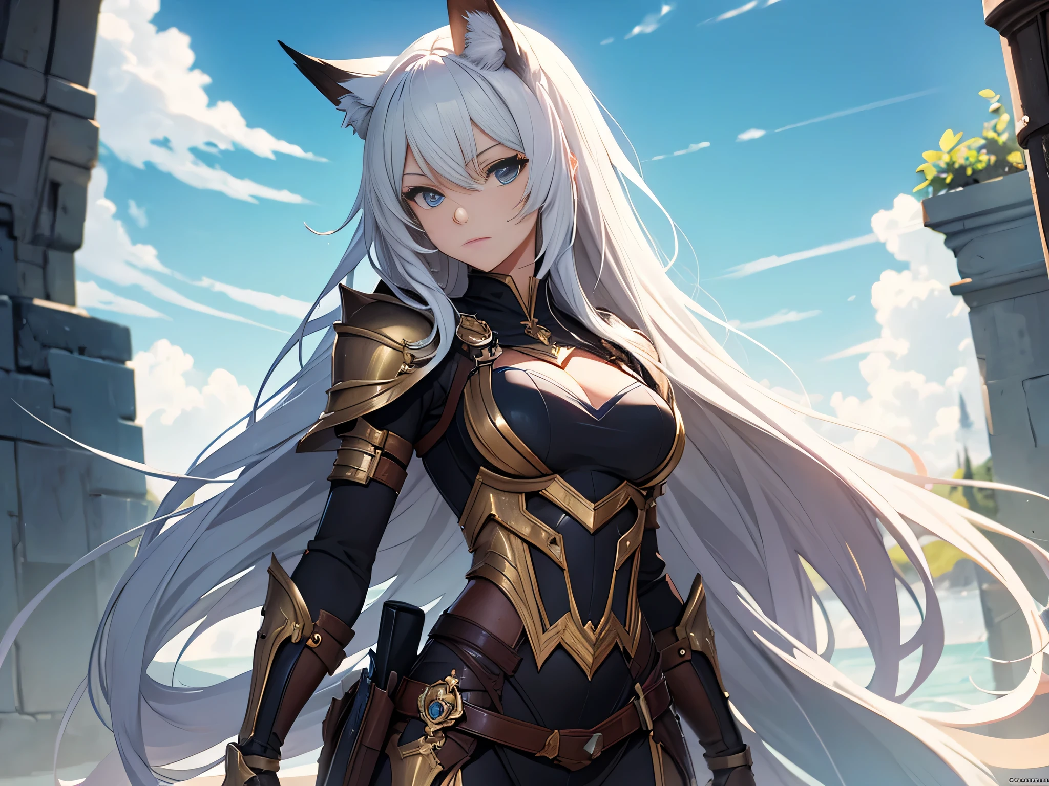 ((Masterpiece, Highest quality)), Detailed face, full body, Full of details, Multiple poses and expressions, Highly detailed, Depth,Beautiful paladin fox girl,Armor,High Balance, Natural light, Sun decoration, holding devine sword