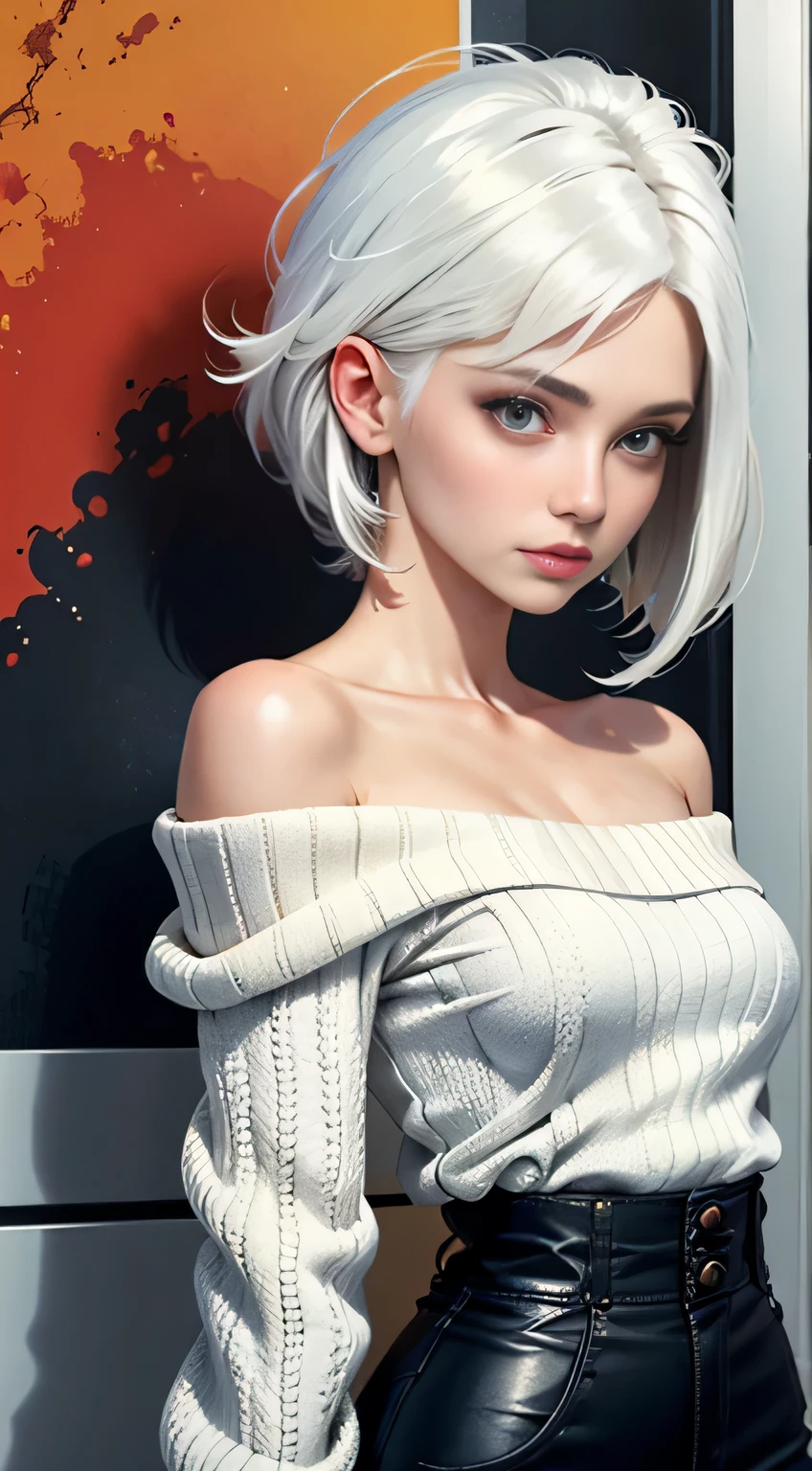 Medium Shot Shot, A beautiful woman looks at the camera, White hair, Chris Foss autumn off-the-shoulder sweater