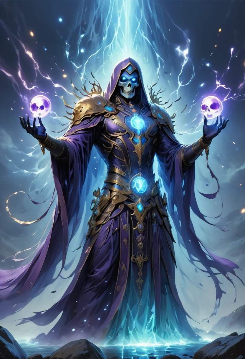 Dark Rune Skeleton Lich, black gold skull, magic void energy, glowing eyes, Death Lightning, death energy ball floating on it's Bone hand, cast a spell, energy cracking, Bone hand, Wearing a luxurious cloak, Astral skulls floating around, Land and rocks float with the power of the lich, detailed glowing runic line floating around, Bones and skulls lying on the ground, deep purple energy, floating in the air, energy chain, Magic circle on the ground,,detailed,actual,4k highly detailed digital art,octane rendering, bioluminescence, 8k resolution concept art, realism,Designed by Mappa Studio,masterpiece,best quality,official art,illustration,clear lines,(cool_color),perfect composition,Ridiculous, fantasy,concentrated,The third law