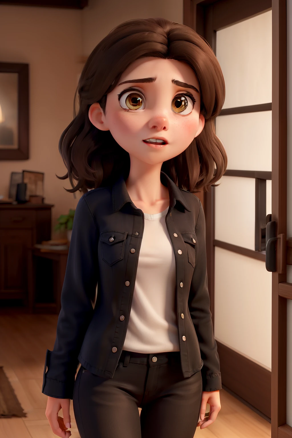 Young white woman medium dark brown hair brown eyes wearing jeans and black blouse saying something with anger in her house