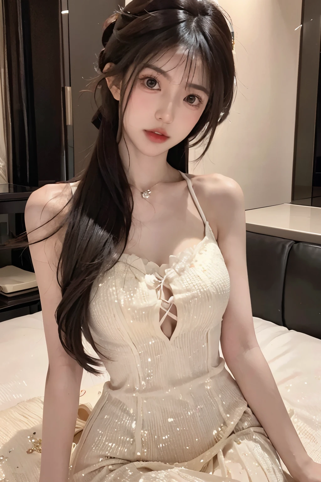 A close up of a woman sitting on a bed wearing a dress - SeaArt AI