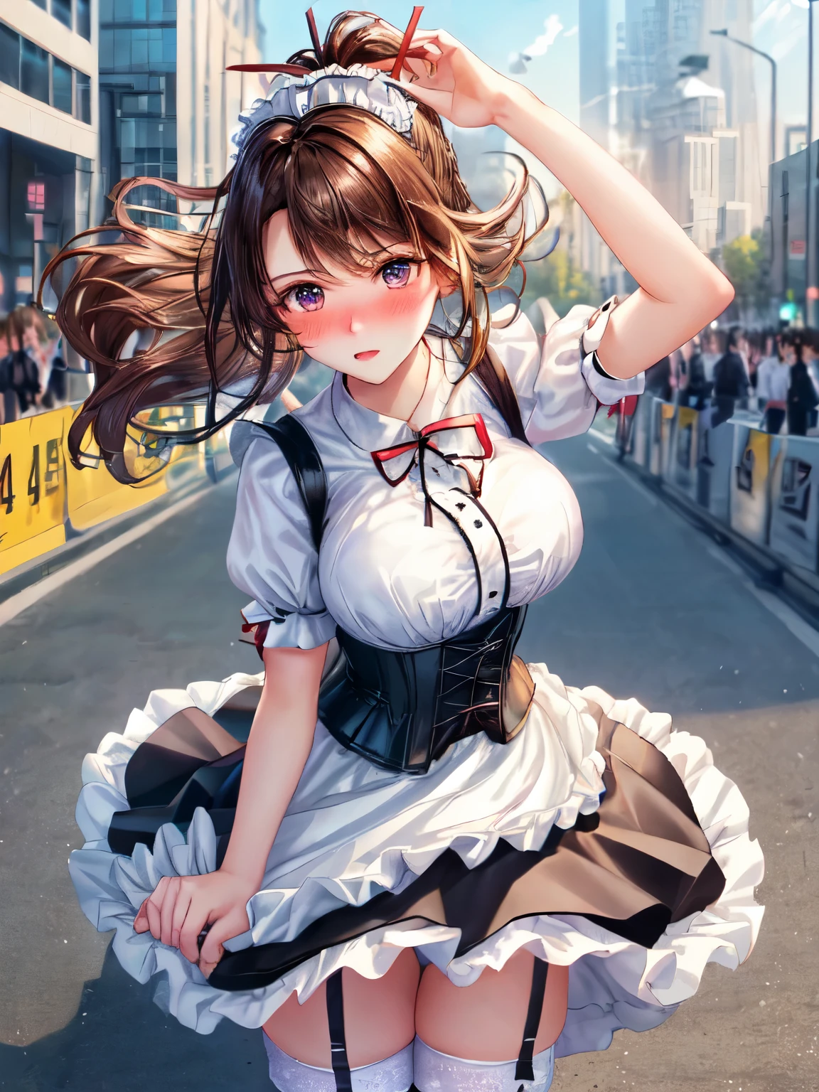 ((highest quality, High resolution, perfect pixel, 4k))), 1 woman, beautiful woman、I could see the whole body、walking down the subway stairs、lots of commuters、 ((ponytail, bangs, brown hair)), ((brown eyes, beautiful eyelashes, realistic eyes)), ((detailed face, blush:1.2))、((Anime CG style)), beautiful and big breasts、perfect body, ((red ribbon, white and black maid outfit, black corset, Long skirt in black and white)), embarrassed expression、 (The wind is blowing up my skirt:1.3)、(white lace satin panties:1.05), garter belt、knee socks、Diagonal side angle, dynamic angle、Naughty Wind、erect nipples:0.98)