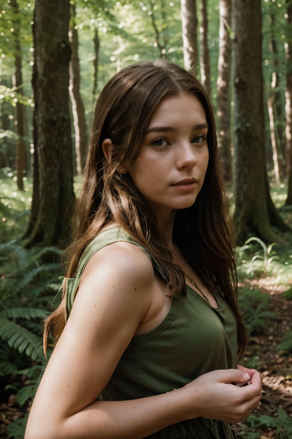 photo, a woman in her 20s with brown hair and freckles sleeps in a fairy forest, aesthetics – goblincore