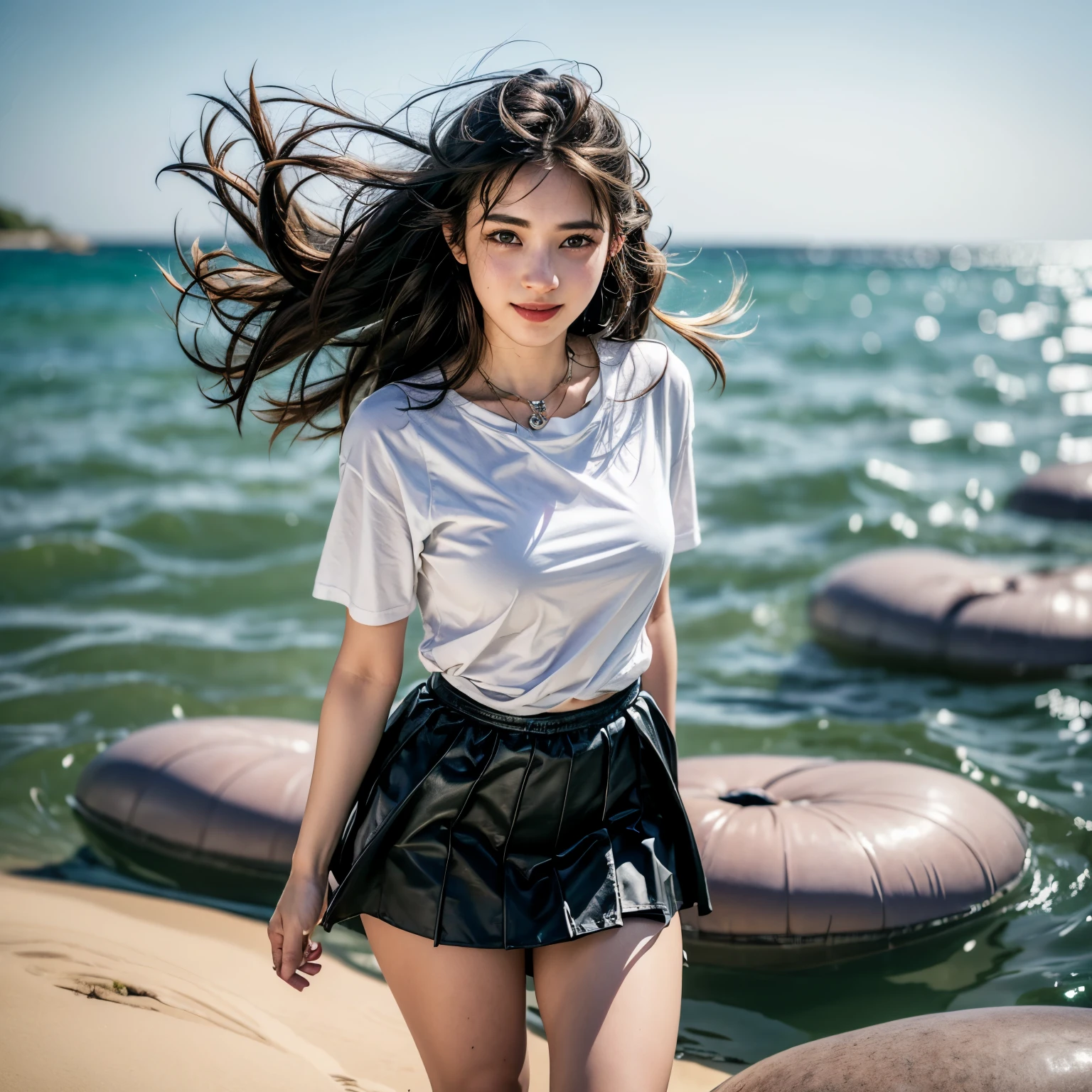 (photorealistic:1.4),8k,(masterpiece), best quality, highest quality, (detailed face:1.5),original,highres, unparalleled masterpiece, ultra realistic 8k, perfect artwork, ((perfect female figure)),mature female, milf, narrow waist, skinny,detailed skin, 1girl, solo, long hair, , short sleeves, serafuku,blue skirt, shirt, sailor collar, in cultivation tank,(floating hair:1.2), floating clothes, barefoot, air bubble,full body, looking at viewer, summer beach background, sparking smile