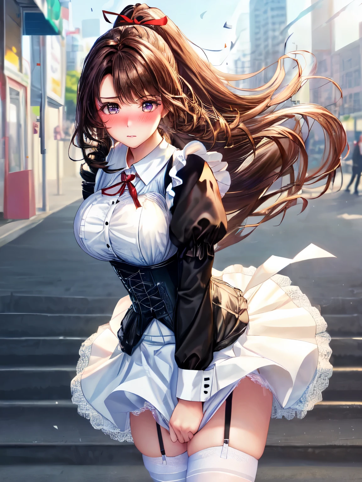 ((highest quality, High resolution, perfect pixel, 4k))), 1 woman, beautiful woman、I could see the whole body、walking down the subway stairs、lots of commuters、 ((ponytail, bangs, brown hair)), ((brown eyes, beautiful eyelashes, realistic eyes)), ((detailed face, blush:1.2))、((Anime CG style)), beautiful and big breasts、perfect body, ((red ribbon, white and black maid outfit, black corset, long skirt)), embarrassed expression、 (The wind is blowing up my skirt:1.3)、(white lace satin panties:1.05), garter belt、knee socks、Diagonal side angle, dynamic angle、Naughty Wind、(erect nipples:0.98)
