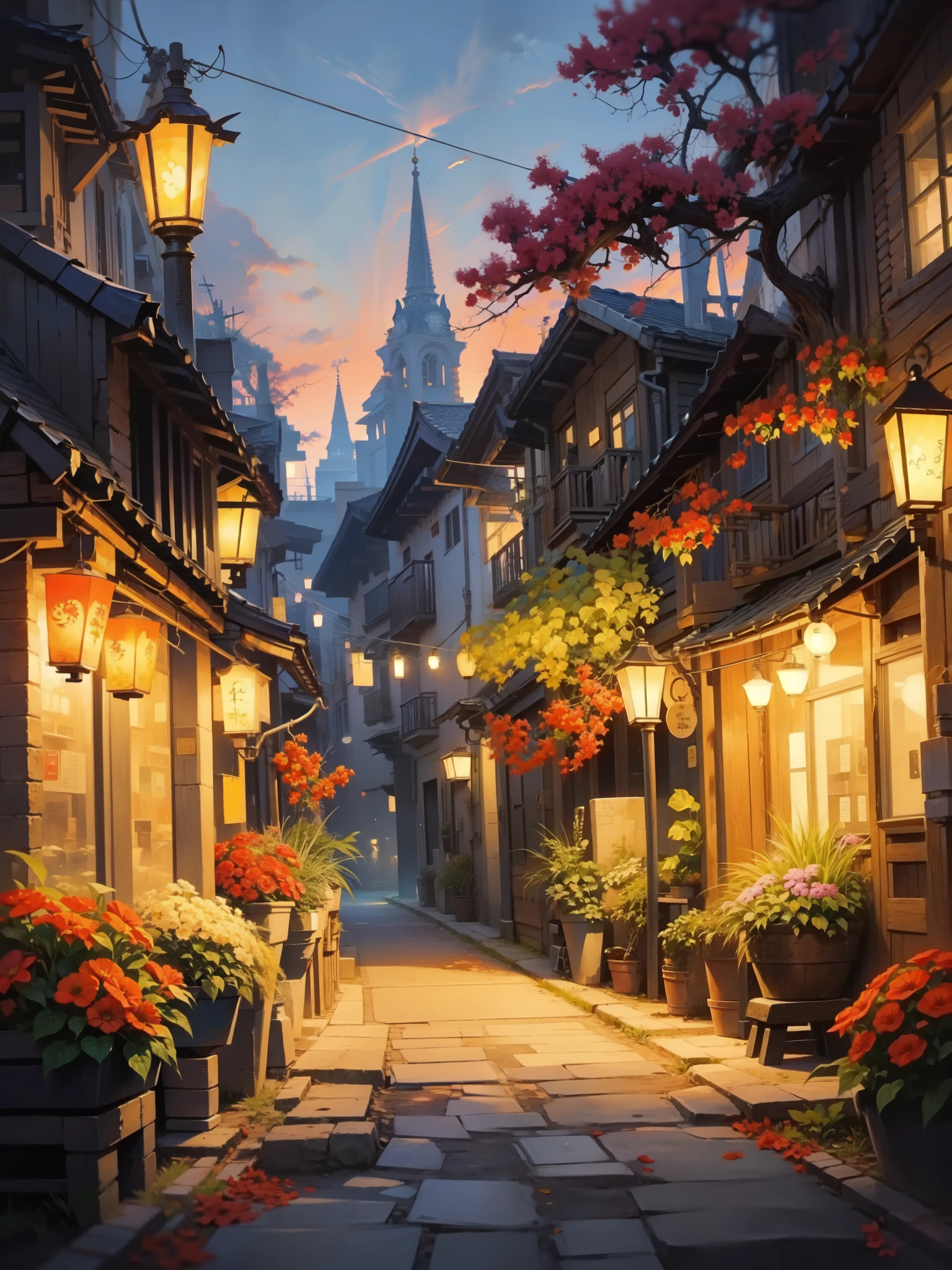 a painting of a street with lanterns and flowers on the side, anime background art, anime art wallpaper 8k, beautiful anime scenery, anime art wallpaper 4k, anime art wallpaper 4k, background art, town background, detailed scenery —, Italy street, street background, scenery artwork, a bustling magical town, anime background, beautiful anime scene