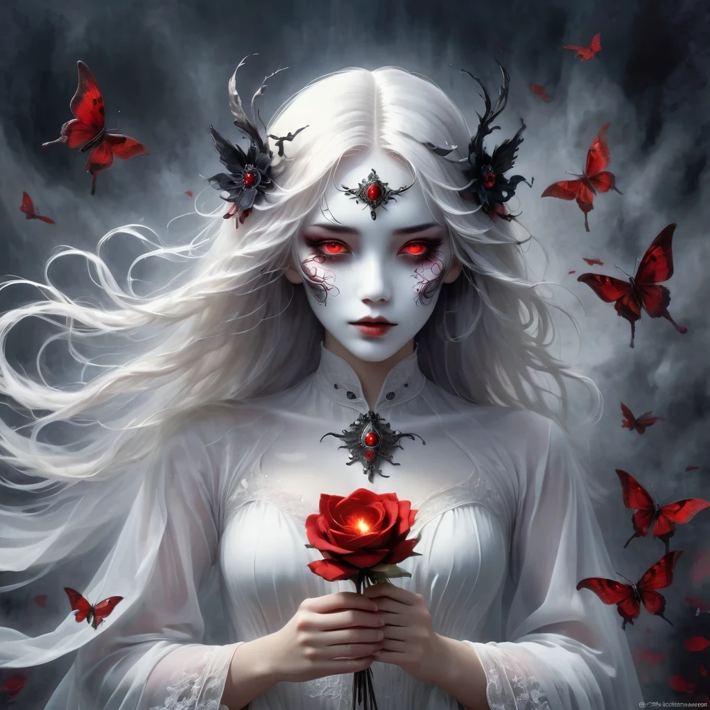 （Hand holding mask：1.5），（White-haired ghost，straight hair，Red eyes），（gothic art），（Fear：1.5），（correct human ???????：1.37）