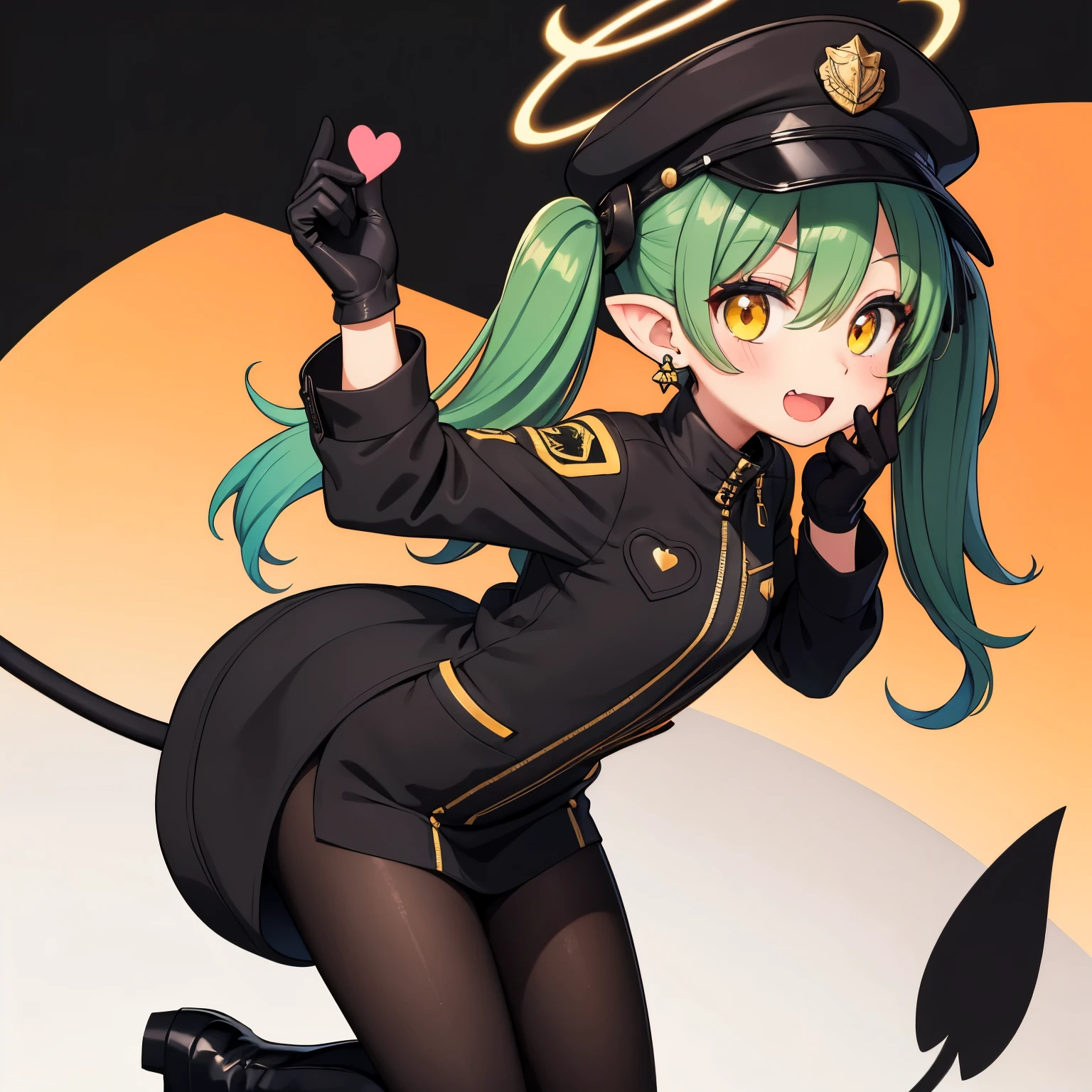 1girl,black footwear,black hat,black jacket,black tail,blush,boots,demon tail,earrings,fang,gloves,green hair,green halo,hair between eyes,halo,hat,heart,jacket,jewelry,long hair,long sleeves,looking at viewer,open mouth,pantyhose,peaked cap,pointy ears,simple background,single earring,smile,solo,spoken heart,standing,tail,twintails,white background,white gloves,white pantyhose,yellow eyes