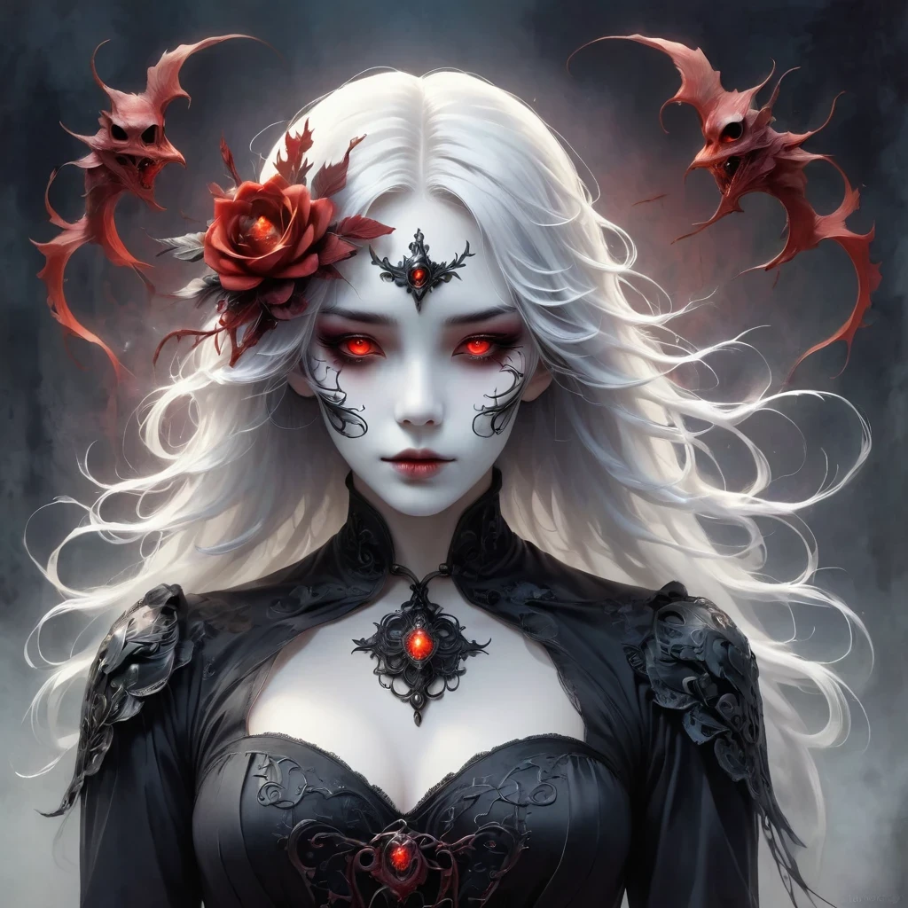 （Hand holding mask：1.5），（White-haired ghost，straight hair，Red eyes），（gothic art），（Fear：1.5），（correct human anatomy：1.37）