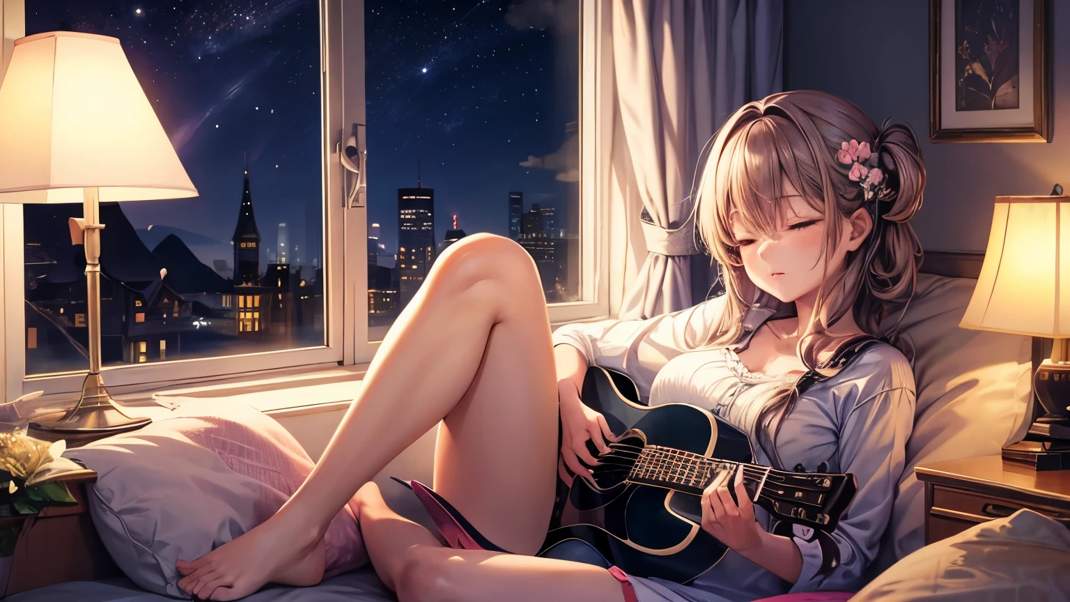 An anime girl playing the guitar,cozy room,sitting by the window,There are flowers and a sleeping lamp next to her And it is night