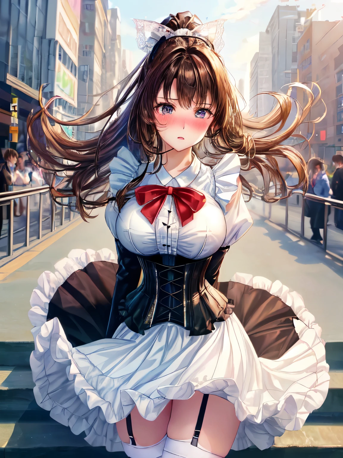 ((highest quality, High resolution, perfect pixel, 4k))), 1 woman, beautiful woman、I could see the whole body、walking down the subway stairs、lots of commuters、 ((ponytail, bangs, brown hair)), ((brown eyes, beautiful eyelashes, realistic eyes)), ((detailed face, blush:1.2))、((Anime CG style)), beautiful and big breasts、perfect body, ((red ribbon, white and black maid outfit, black corset, long skirt)), embarrassed expression、 (The wind is blowing up my skirt:1.3)、(white lace satin panties:1.05), garter belt、knee socks、Diagonal side angle, dynamic angle、Naughty Wind、(erect nipples:0.98)
