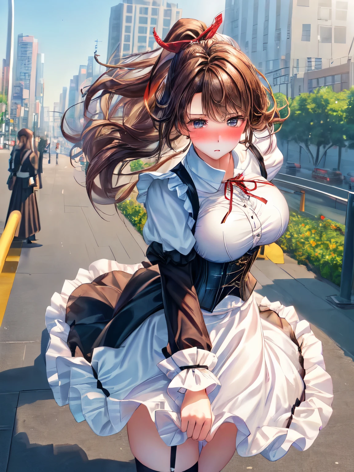 ((highest quality, High resolution, perfect pixel, 4k))), 1 woman, beautiful woman、I could see the whole body、walking down the subway stairs、lots of commuters、 ((ponytail, bangs, brown hair)), ((brown eyes, beautiful eyelashes, realistic eyes)), ((detailed face, blush:1.2))、((Anime CG style)), beautiful and big breasts、perfect body, ((red ribbon, white and black maid outfit, black corset, long skirt)), embarrassed expression、 (The wind is blowing up my skirt:1.3)、(white lace satin panties:1.2), garter belt、knee socks、Diagonal side angle, dynamic angle、Naughty Wind、(erect nipples:1)