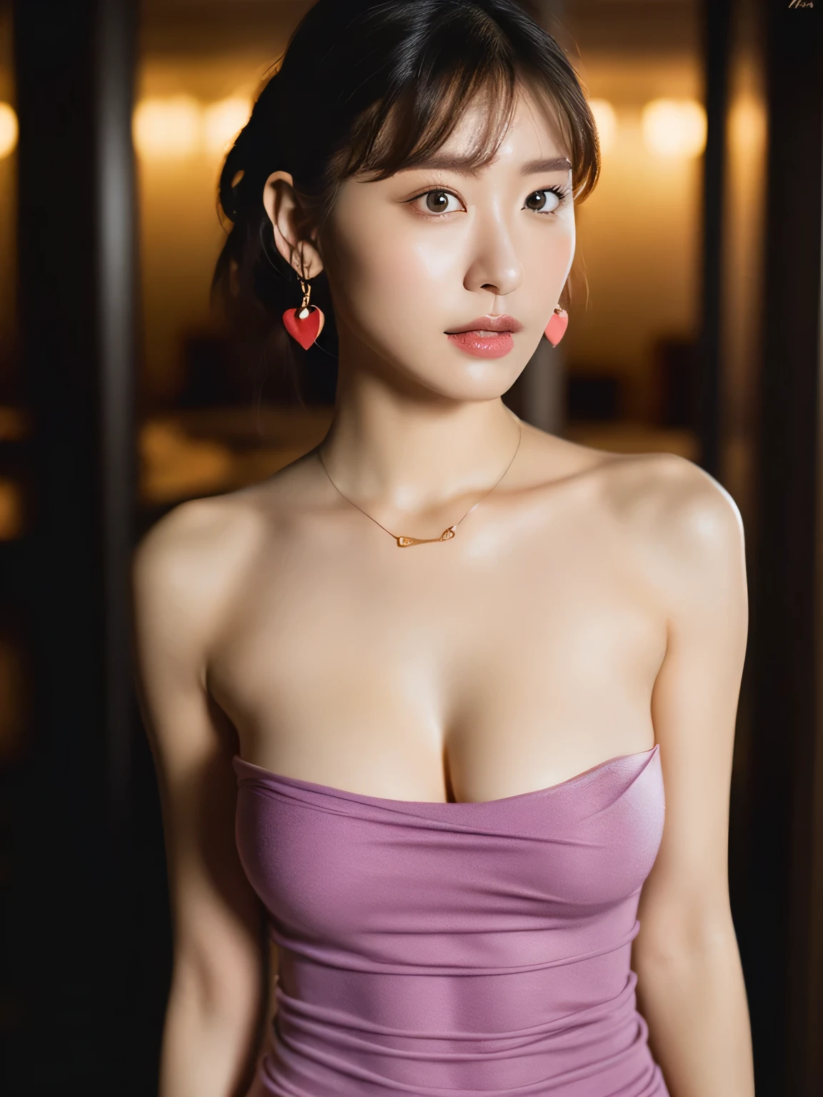 ((highest quality, 8K, masterpiece :1.3)), (realistic, Photoreal:1.4), sharp focus：1.2, 
Bright colors, professional level, shallow depth of field, 
20-year-old, 1 person, A beautiful face with intelligence, 
Supple body :1.3, model body shape:1.5, 頭w:1.4, perfect style：1.4, 
narrow shoulders, beautiful clavicle, long and thin legs, The beauty of slim abs :1.2, thin waist :1.2, 
super detailed skin, Fair skin, Shiny skin, 
super detailed face, slim facial contour, beautiful small face, Beautiful lined nose, 
super detailed eyes, long slit eyes, brown eyes, double eyelid, beautiful thin eyebrows, fine long eyelashes, 
super detailed lips, plump lips, glossy pink lips, flushed cheeks, beautiful teeth, 
Beautiful actress&#39;s ennui makeup, pink lipstick, (necklace, earrings), 
milk greige hair, delicate soft hair, 
(hair up, sauvage hair, ponytail:1.2), layer cut, (dull bangs:1.2), 
(Dress up with trendy fashion:1.2), 
gentle smile, open mouth half way, Enchanted expression, stare at the camera, 
dynamic lighting, ((Hasselblad Photos)), 

((Completely naked, Put your hand in the crotch, upturned breasts:1.3)), 
((She is wearing a tight knit dress with a reddish-purple heart pattern.:1.3)), 
(perfect breast shape, B cup:1.2), It is a small pale pink areola., slouch, 
She has a cute plump butt, My thighs are dazzling, 
(View from the front, pay attention to the thighs, full body portrait:1.5), 

Large bedroom in a luxury hotel, The ocean horizon spreads out behind the large windows, 
She is sleeping on her back in a beautiful posture on a fluffy bed., 
Posing with palms like a , spreading my legs, 
cinematic lighting, Bright light shining all over, 