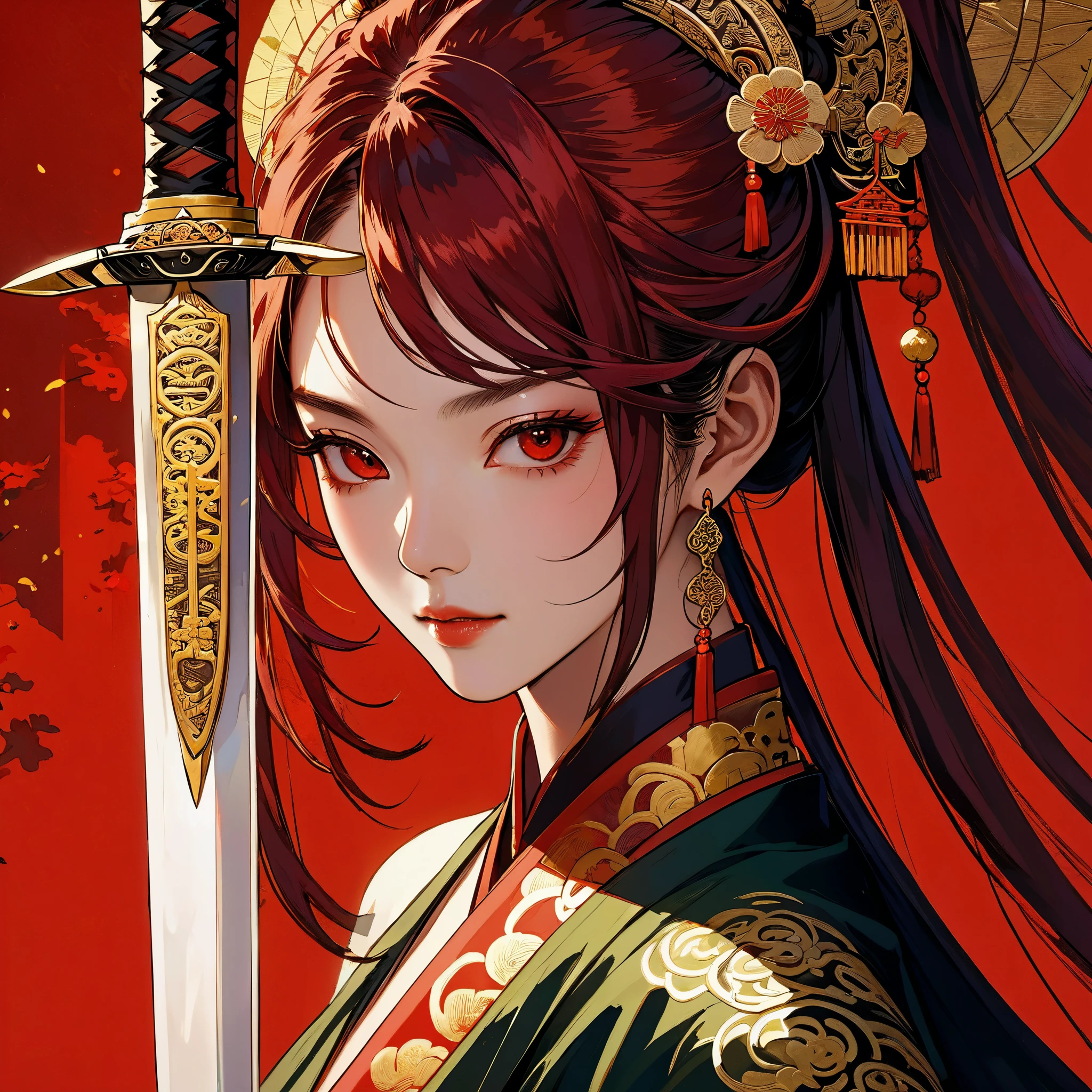 ((8K:1.4)), Impeccable, accuracy, (high resolution:1.2), (Very detailed), high quality, (masterpiece:1.8), ((Extreme close-up of huge sword blade)),(((Very detailed的中国少女面部特写肖像画))),The girl drew her sword,bare shoulder,((Chinese bun)), (Long red hair), (Red iris:1.2),((anatomically accurate:1.6)),((90 degree vertical blade,Block half of the face vertically:1.5)), (((wide crimson blade:1.8))),(Close-up of part of the broad sword blade),Covering half of the face,,The blade and the face each occupy half of the frame,Incomplete artistic beauty,half face art,Red and black blood splatter background,Red-eyed,Red Chinese costume,gold embroidery,