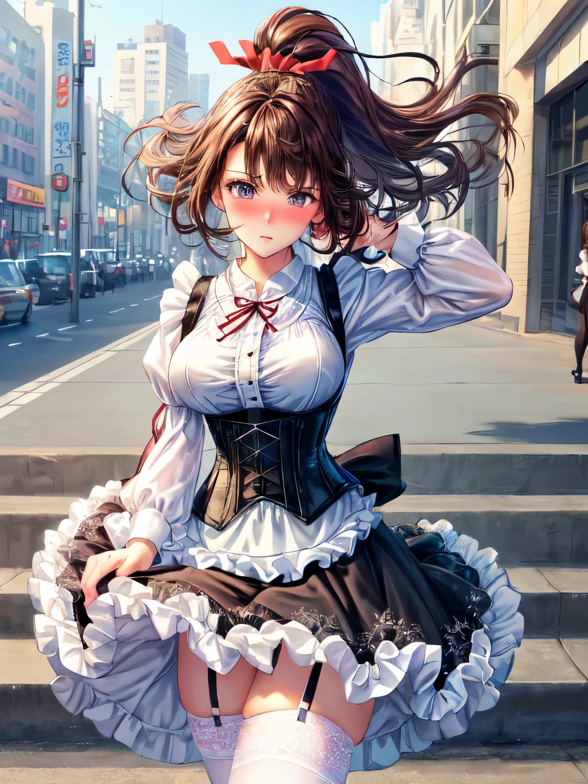 ((highest quality, High resolution, perfect pixel, 4k))), 1 woman, beautiful woman、I could see the whole body、walking down the subway stairs、lots of commuters、 ((ponytail, bangs, brown hair)), ((brown eyes, beautiful eyelashes, realistic eyes)), ((detailed face, blush:1.2))、((Anime CG style)), beautiful and big breasts、perfect body, ((red ribbon, white and black maid outfit, black corset, long skirt)), embarrassed expression、 (The wind is blowing up my skirt:1.3)、(white lace satin panties:1.2), garter belt、knee socks、Diagonal side angle, dynamic angle、Naughty Wind、(erect nipples:1)