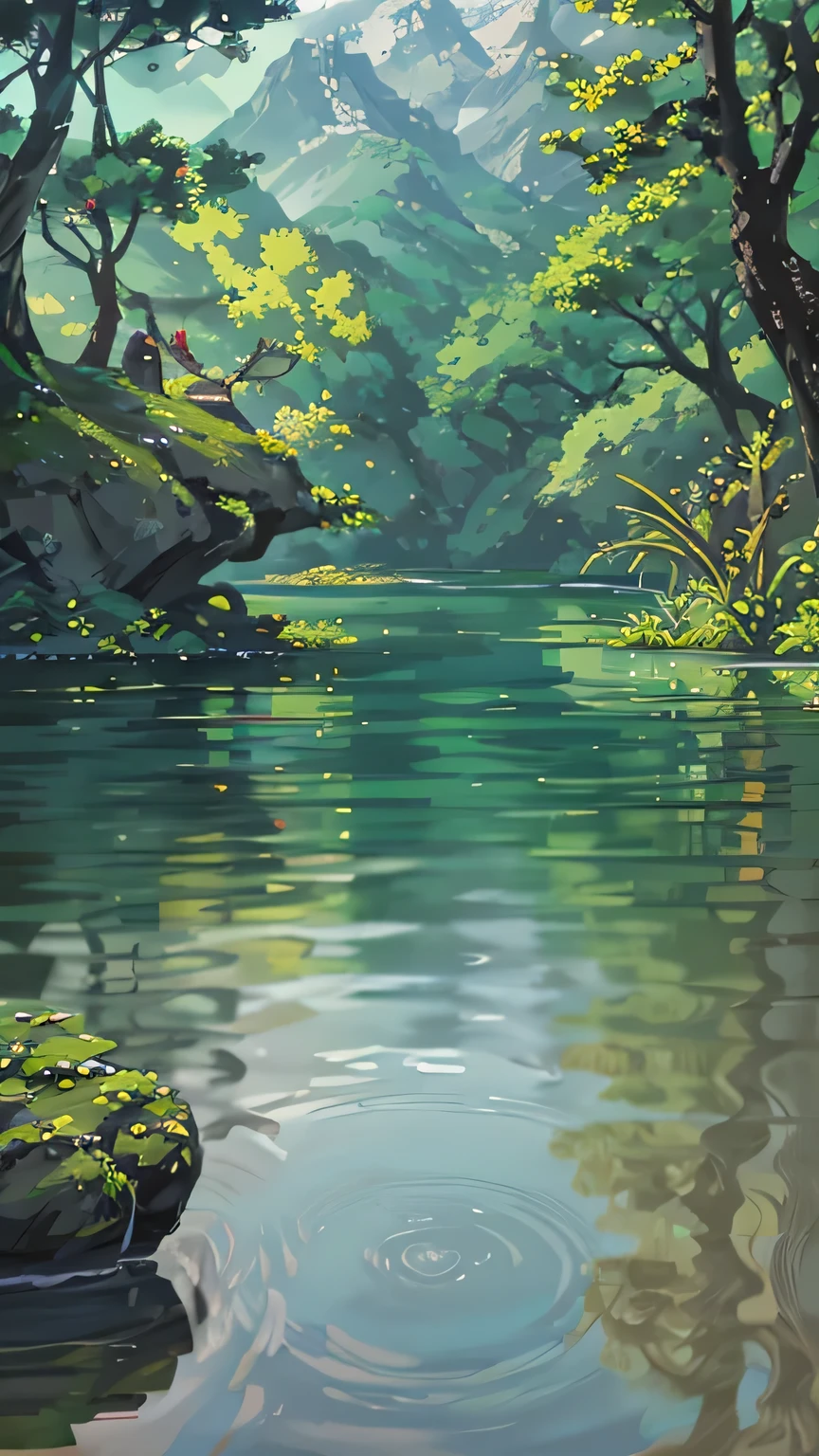 China, spring, jungle, lake, cave, Fall, Tree, grassland, rock, deer, hot spring, water vapor, (illustration: 1.0), epic work, Realistic lighting, HD details, masterpiece, best quality, (Very detailed CG unified 8k wallpaper)