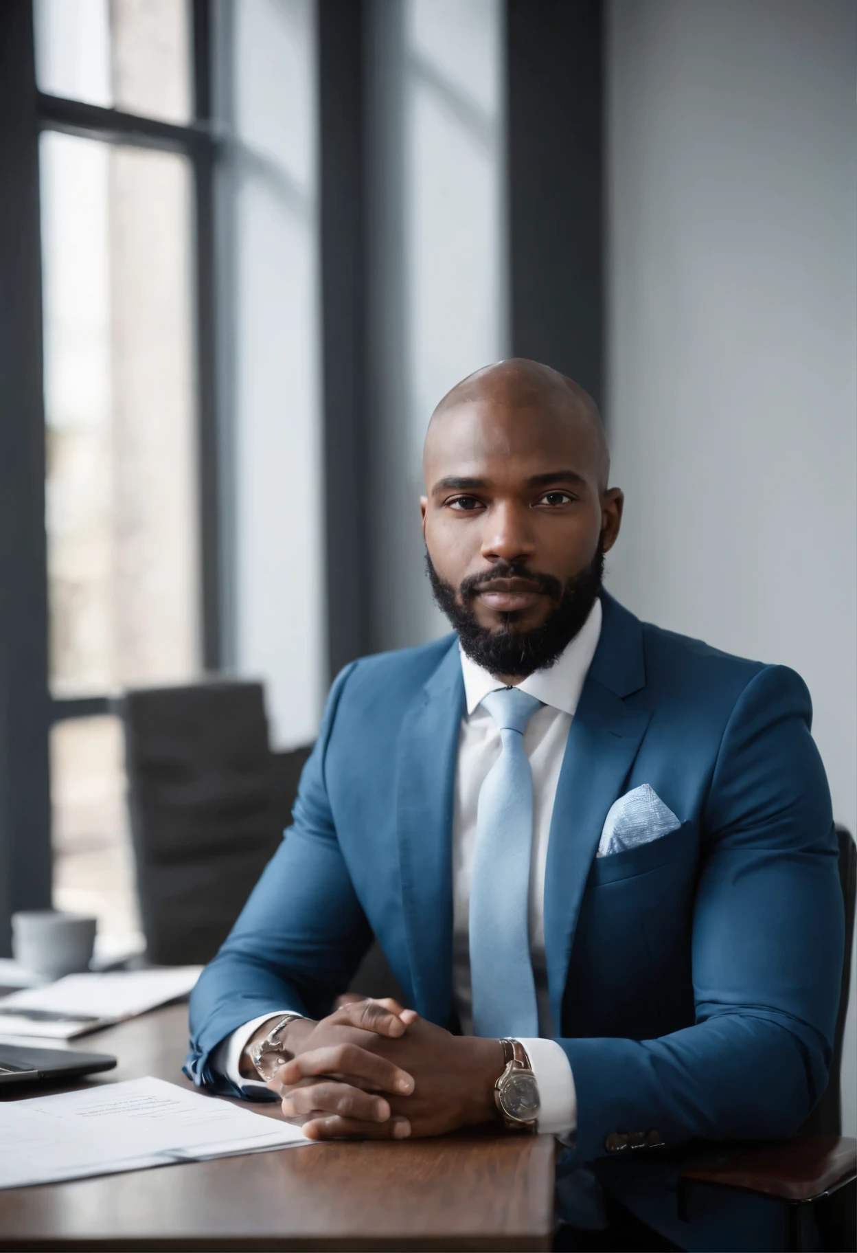 A charismatic black man, (((with magnificent feature))), sits in an elegant office, (((At the back of the room)), ((de espalda a una ventana))), dressed in a light blue suit that complements his rich complexion. The beard and mustache on his chiseled face add to his air of authority and maturity. With a laptop resting on his desk, he appears focused and productive. The image is a real one, (((de alta calidad, ((obra-prima))), ((realista))), taken with a Canon EOS 5D Mark IV, ((con luz natural)), and enhanced using Adobe Lightroom. The high-res