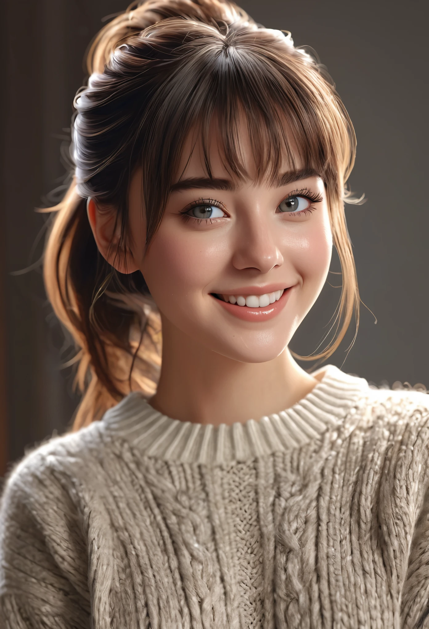 masterpiece, highest quality, RAW photo, realistic, smile, beautiful girl, cute, delicate girl, hair up, written boundary depth, High resolution, Super detailed, detailed, Very detailed eyes and face, realistic student, sharp focus, cinematic lighting, Upper body, bangs, knit sweater,