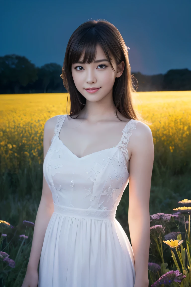 ((table top:1.4, highest quality)), (realistic pictures:1.4), ((1 girl)), (Pure actress), (dream-like), (High resolution:1.2), very delicate and beautiful, wonderful, Highly detailed CG Unity 8K wallpaper, Super detailed, High resolution, soft light, beautiful detailed girl, highly detailed eyes and face, beautifully detailed nose, beautiful and detailed eyes, (wear a light white dress:1.3), cinematic lighting, perfect anatomy, slender body, (parted bangs), (A girl standing in a meadow at night:1.3), (night view:1.3), (A field of flowers), (A huge number of flowers), (outdoor), (flower light up part of), (contrast of light and dark), (fantastic beauty), cowboy shot, looking at the viewer, smile,