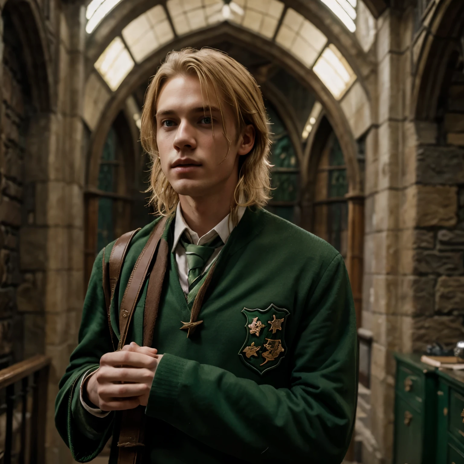 handsome English boy, messy blonde hair, student of Hogwarts, house of Slytherin, wear Slytherin clothing