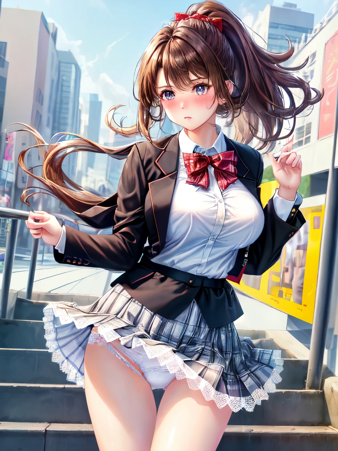 ((highest quality, High resolution, perfect pixel, 4k))), 1 woman, beautiful woman、I could see the whole body、walking down the subway stairs、lots of commuters、 ((ponytail, bangs, brown hair)), ((brown eyes, beautiful eyelashes, realistic eyes)), ((detailed face, blush:1.2))、((Anime CG style)), beautiful and big breasts、perfect body, ((red bow tie, Black open jacket, white shirt, plaid mini skirt)), embarrassed expression、 (The wind is blowing up my skirt:1.3)、(white lace satin panties:1.3), Diagonal side angle, dynamic angle、Naughty Wind、(erect nipples:0.98)