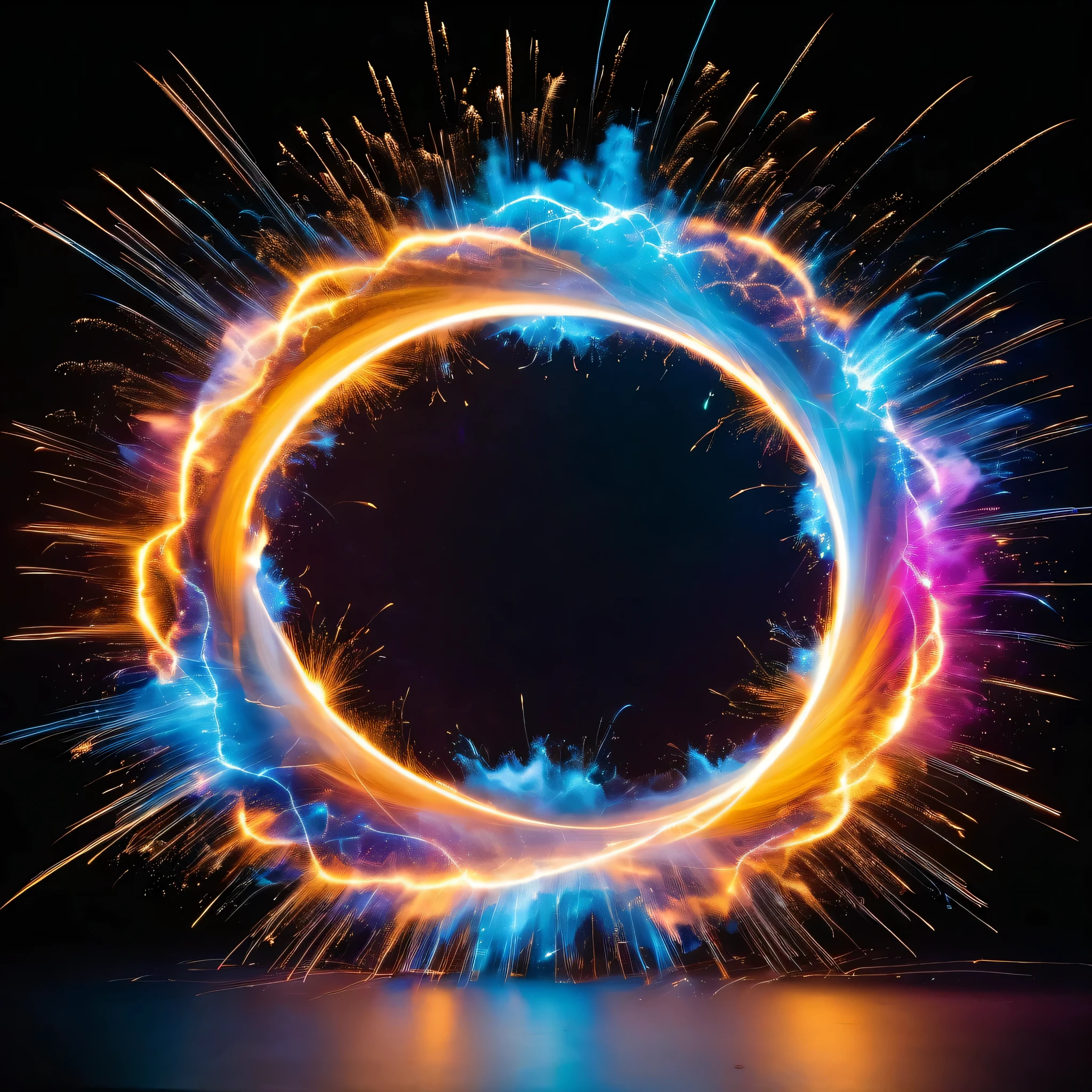 Two exploding neutrons with intense detail, 8k quality, capturing the exact moment of the explosion. Light trails streak across the scene, leaving a mesmerizing trail of color. Thousands of vibrant pieces of varying colors scatter in all directions, frozen in a stop-frame image.