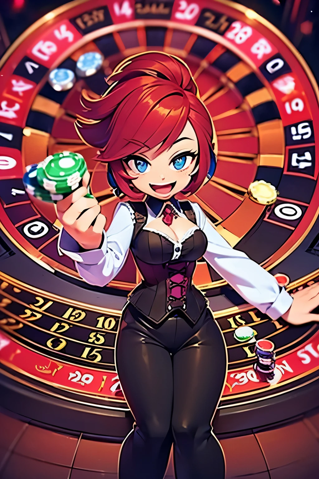 A full shot of a female character, she is ((looking at the camera, laughting in glee)), she is looking at a casino roulette (the roulette has stuck knives on it), playing with it, she wears a blouse with a corset and pants