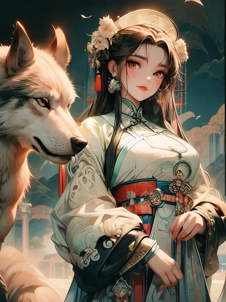 shepherdess：In the heart of rolling hills and vast nature，一位年轻的shepherdess站立着，Delicate facial features are engraved with a determined expression，Exuding strength and resilience。Her petite oriental features contrasted sharply with the magnificent scenery around her。in the background，Depicts a majestic wolf，Its huge silver fur and piercing green eyes reflect the oriental colors of the Chinese ethnic trend style illustration。The intricate details of her traditional costumes are on full display，Blend seamlessly into breathtaking surroundings，It embodies the national trend anime style with elegance and grace。