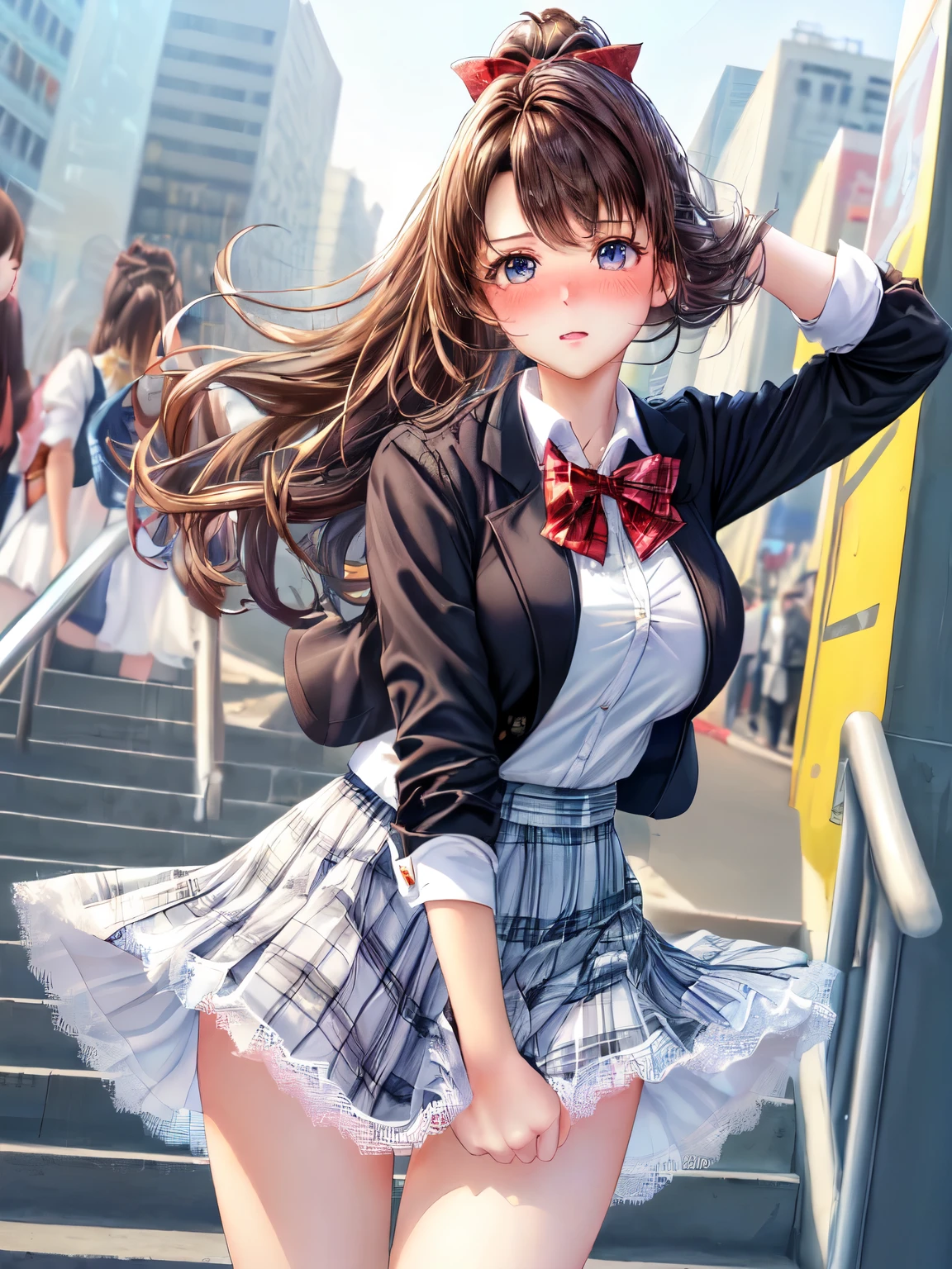 ((highest quality, High resolution, perfect pixel, 4k))), 1 woman, beautiful woman、I could see the whole body、walking down the subway stairs、lots of commuters、 ((ponytail, bangs, brown hair)), ((brown eyes, beautiful eyelashes, realistic eyes)), ((detailed face, blush:1.2))、((Anime CG style)), beautiful and big breasts、perfect body, ((red bow tie, Black open jacket, white shirt, plaid mini skirt)), embarrassed expression、 (The wind is blowing up my skirt:1.3)、(white lace satin panties:1.3), Diagonal side angle, dynamic angle、Naughty Wind、(erect nipples:0.98)