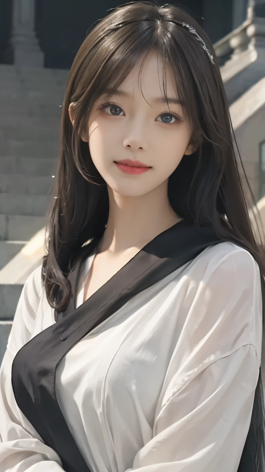 (Surreal), (illustration), (Increase resolution), (8K), (Very detailed), (Best illustration), (Beautiful and delicate eyes), (best quality), (Super detailed), (masterpiece ), ( wallpaper), (Detailed face), alone, 1 girl, looking at the audience, close-up,There is a pure white wolf next to it,fine details, Detailed face, in the darkness, Deep shadows, low profile, purebred face_v1, Smile, long, straight hair, Black shawl, 46 points oblique bangs